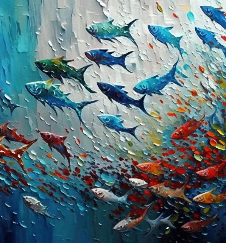 Vivid Flow - Colorful 3D Fish Abstract Oil Painting Wall Art - artextured