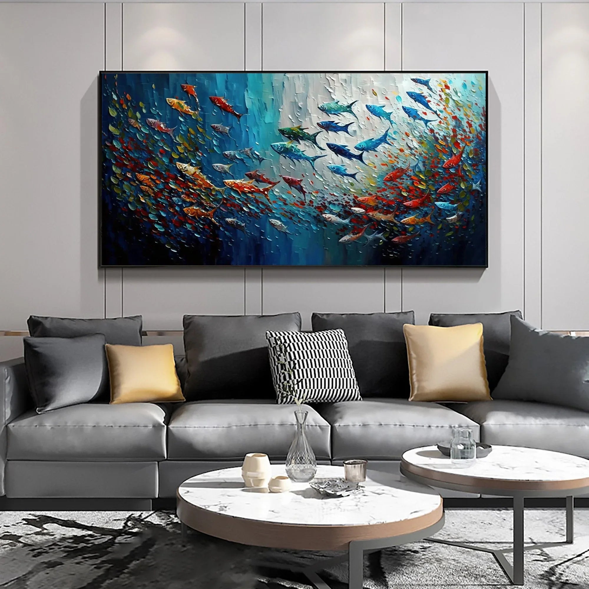 Vivid Flow - Colorful 3D Fish Abstract Oil Painting Wall Art - artextured
