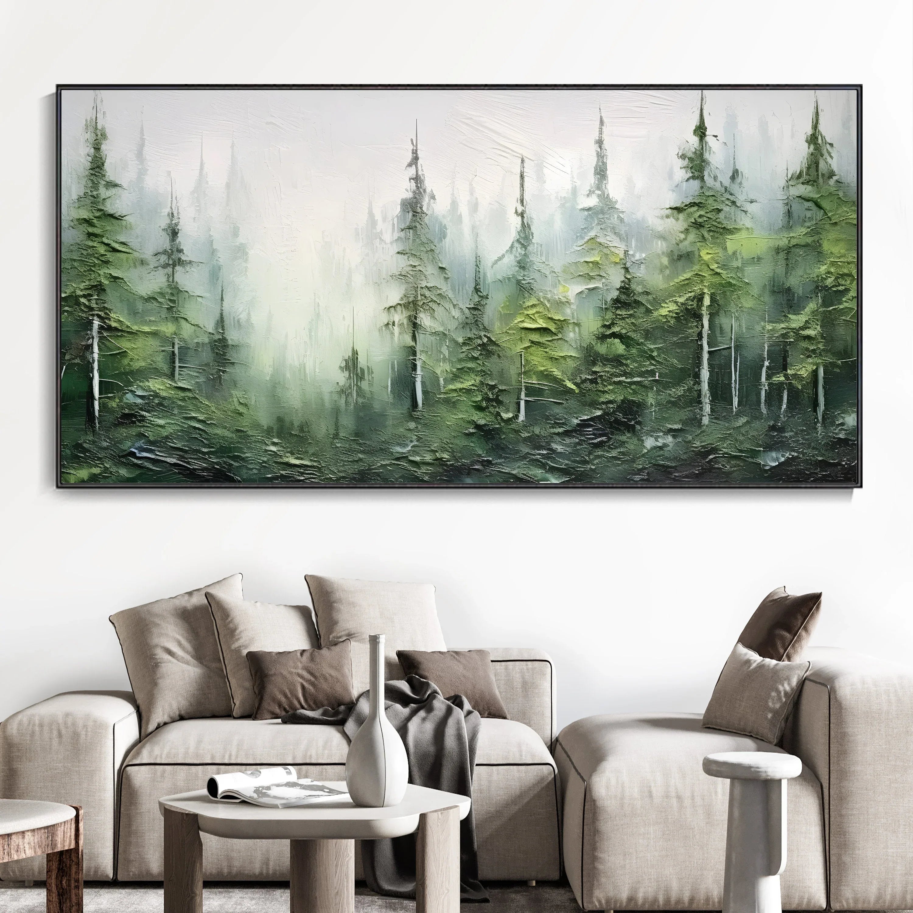 Misty Forest Serenity-Modern Hand Drawn Lifelike Texture Forest Abstract Oil Painting Wall Art - artextured