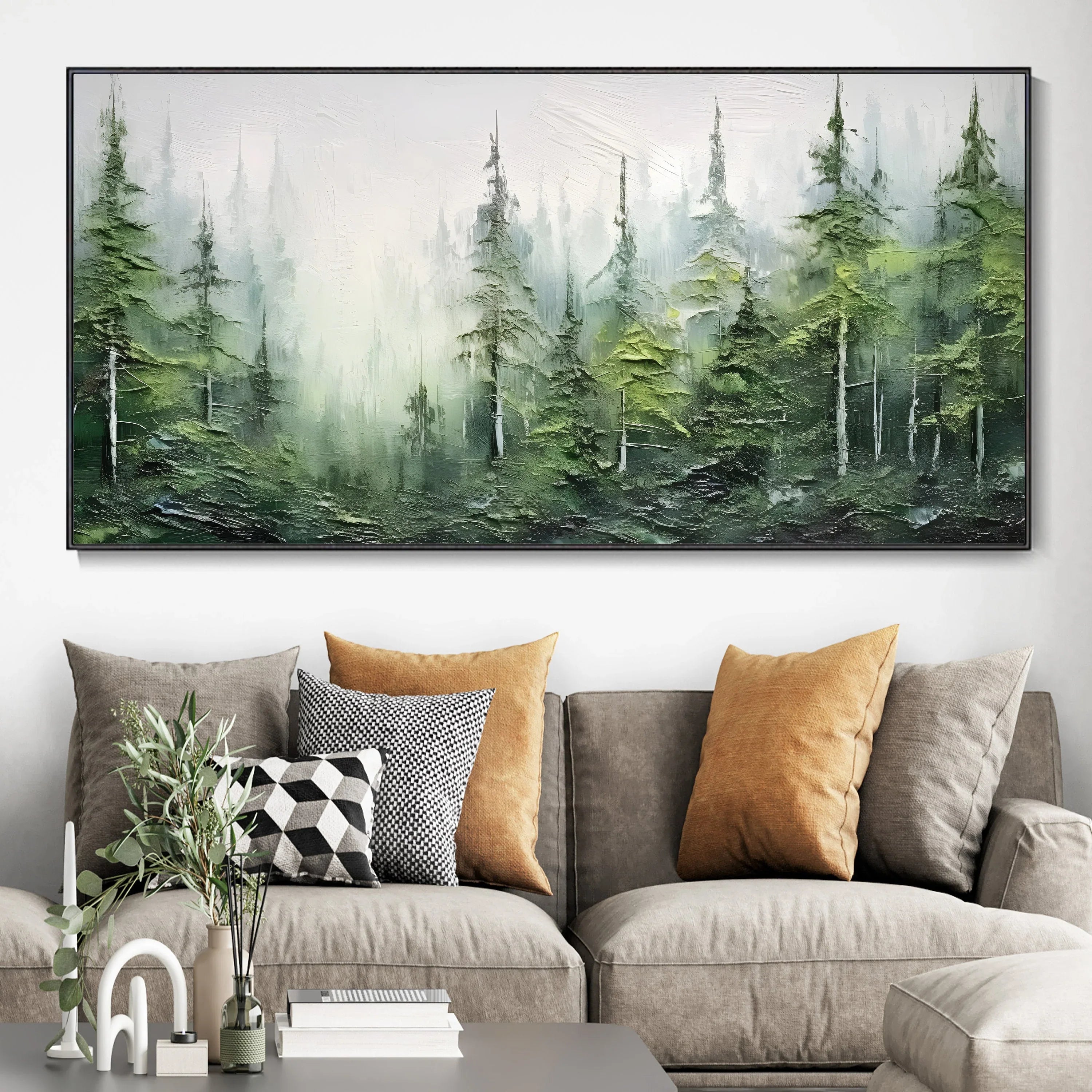 Misty Forest Serenity-Modern Hand Drawn Lifelike Texture Forest Abstract Oil Painting Wall Art - artextured