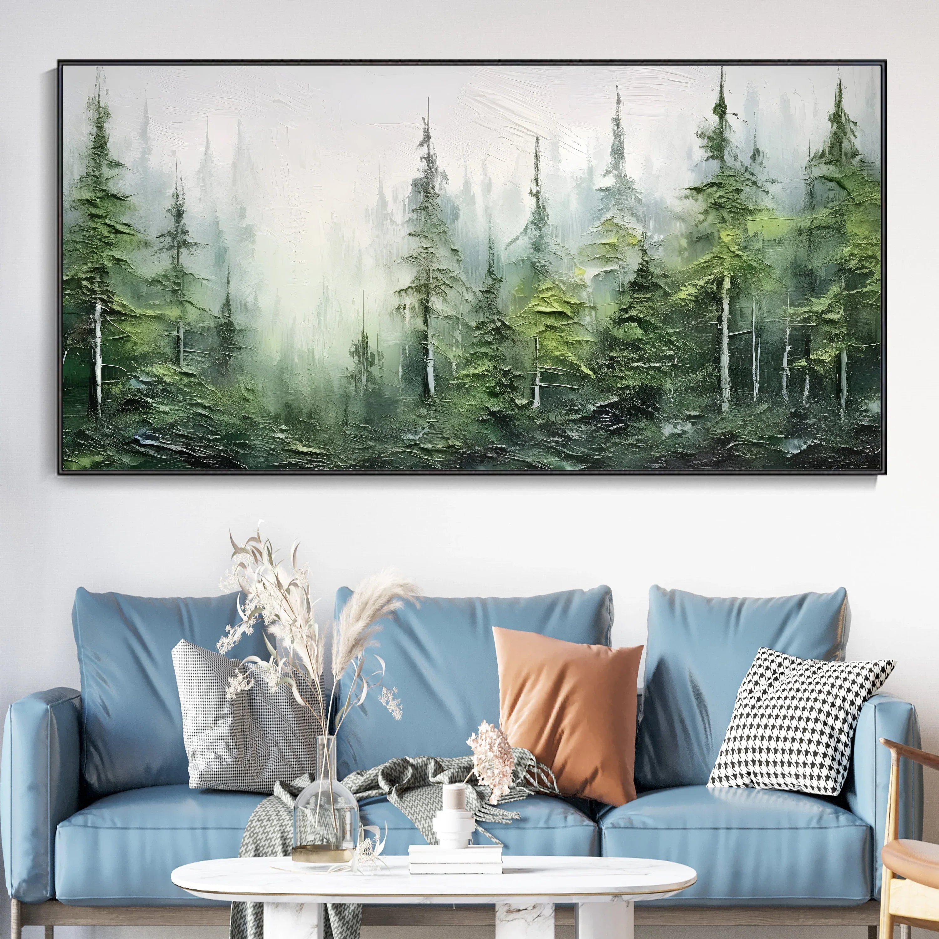 Misty Forest Serenity-Modern Hand Drawn Lifelike Texture Forest Abstract Oil Painting Wall Art - artextured