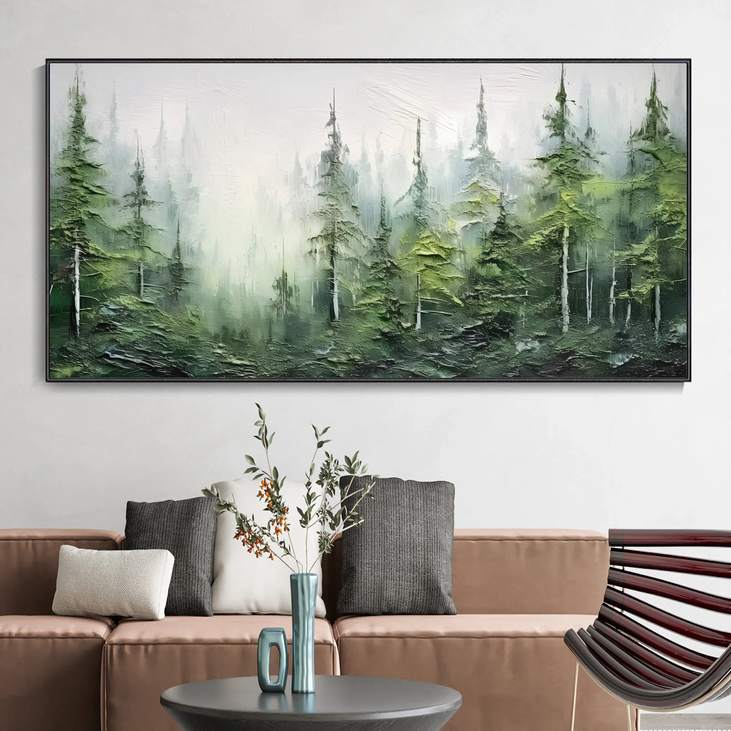 Misty Forest Serenity-Modern Hand Drawn Lifelike Texture Forest Abstract Oil Painting Wall Art - artextured