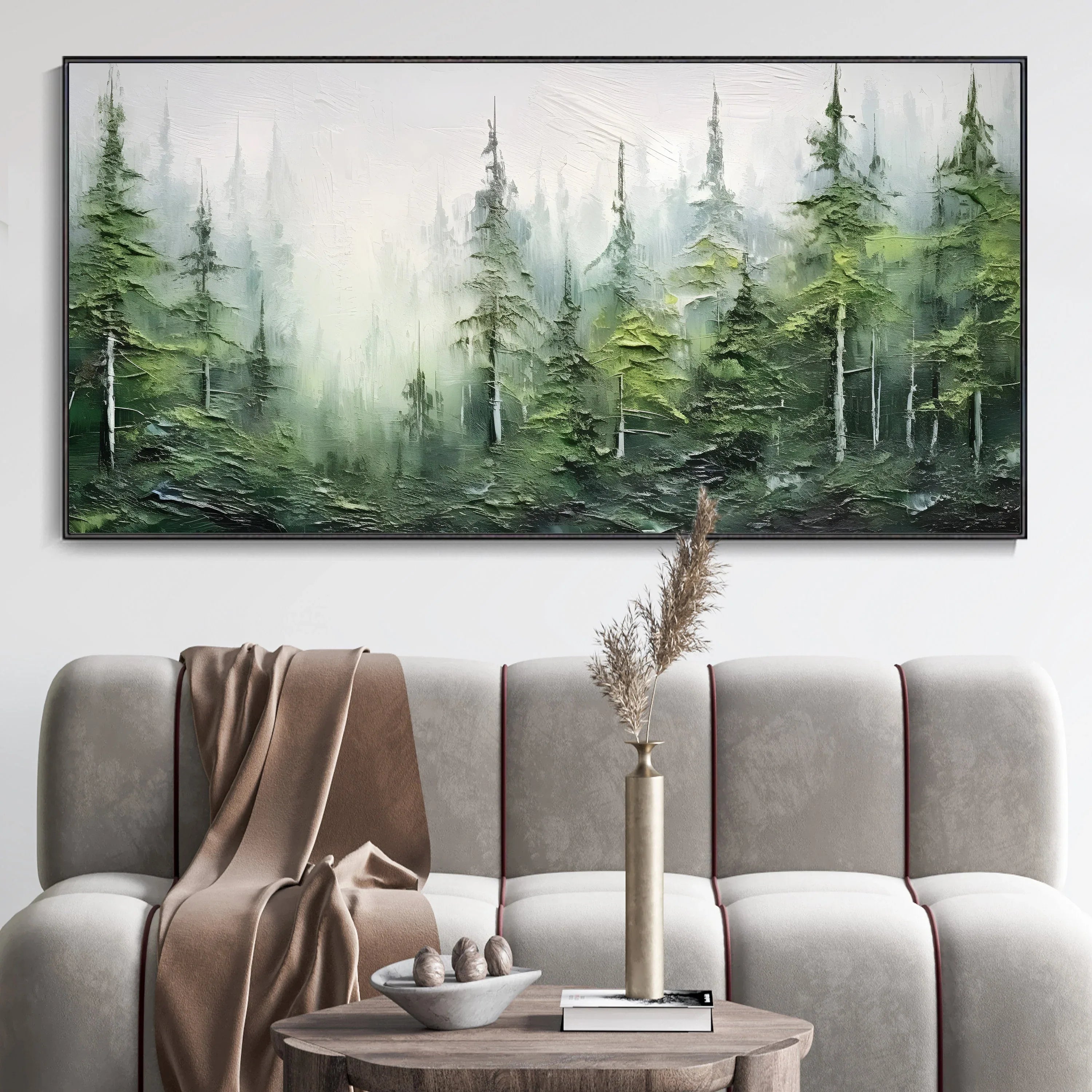 Misty Forest Serenity-Modern Hand Drawn Lifelike Texture Forest Abstract Oil Painting Wall Art - artextured