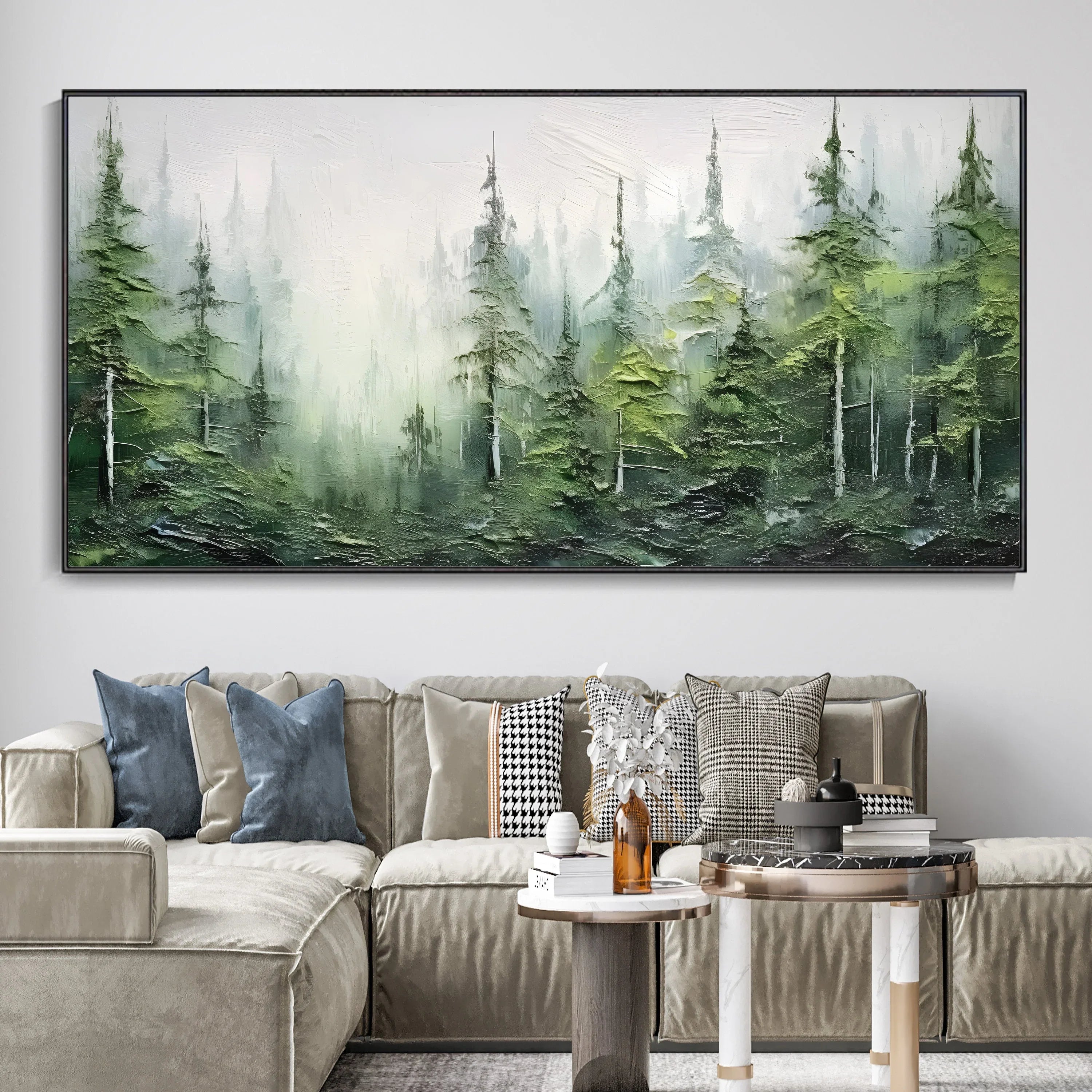 Misty Forest Serenity-Modern Hand Drawn Lifelike Texture Forest Abstract Oil Painting Wall Art - artextured