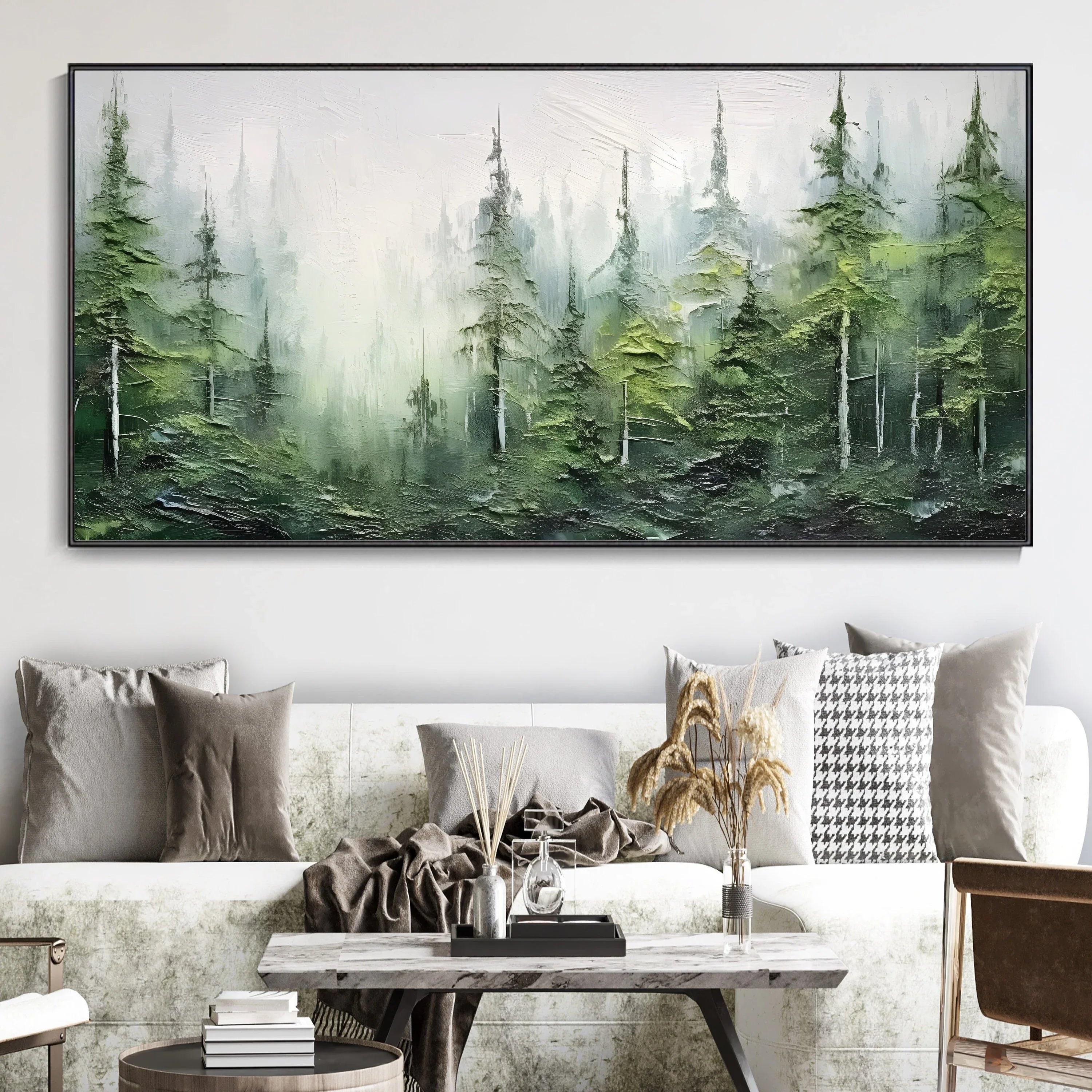 Misty Forest Serenity-Modern Hand Drawn Lifelike Texture Forest Abstract Oil Painting Wall Art - artextured