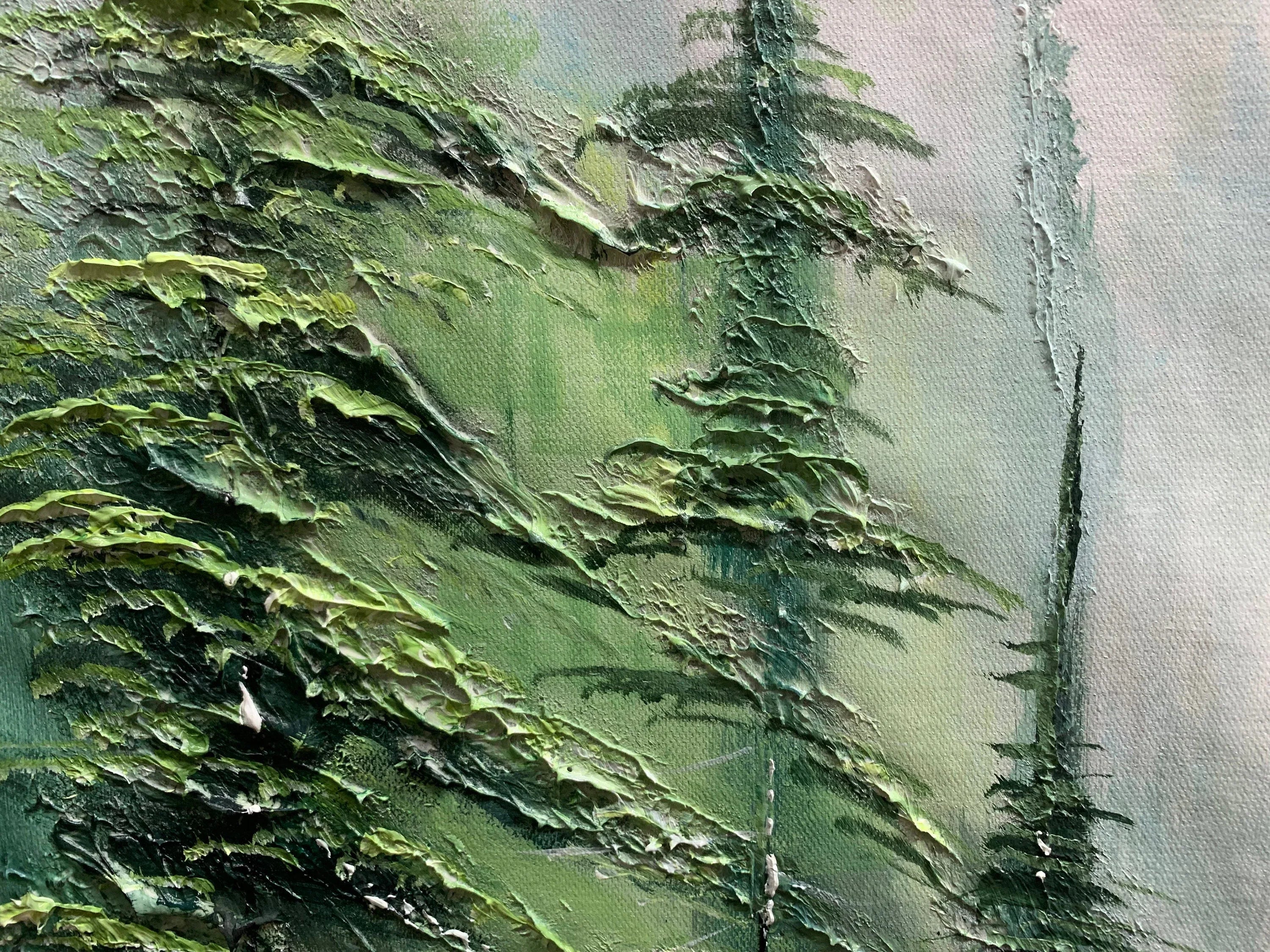 Misty Forest Serenity-Modern Hand Drawn Lifelike Texture Forest Abstract Oil Painting Wall Art - artextured