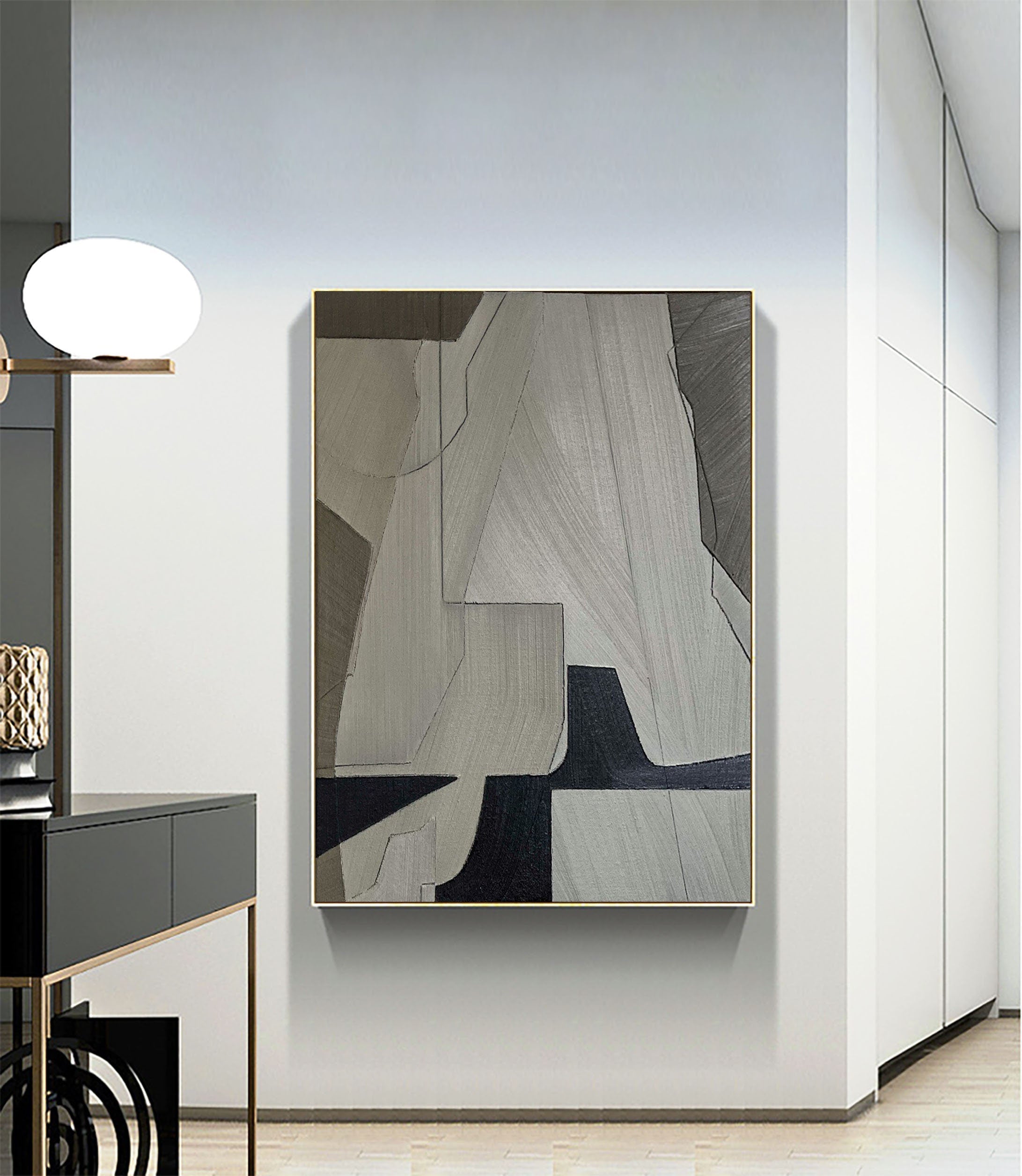 Linear Perspective-Minimalist Geometric Hand Drawn Grey Abstract Wall Art