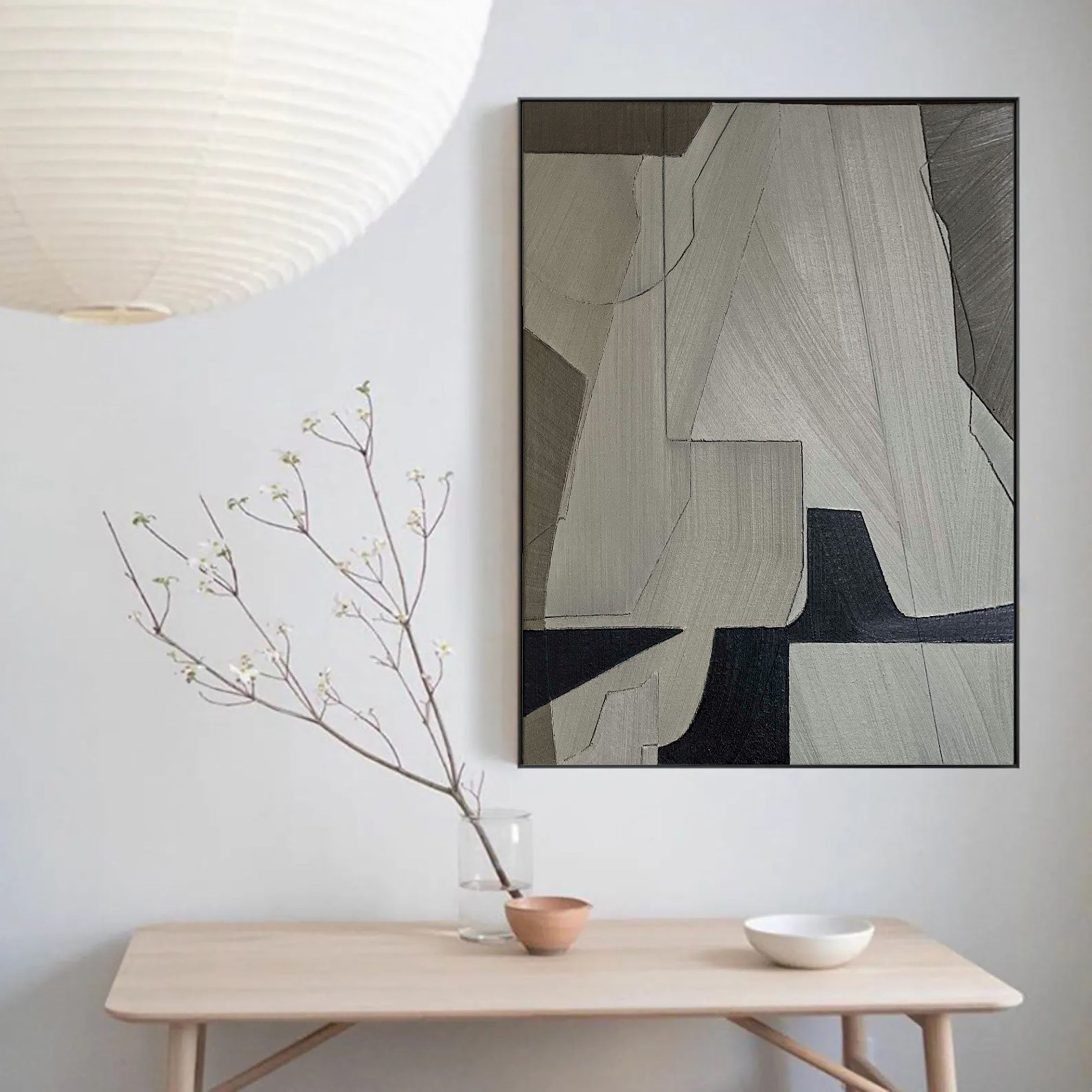 Linear Perspective-Minimalist Geometric Hand Drawn Grey Abstract Wall Art