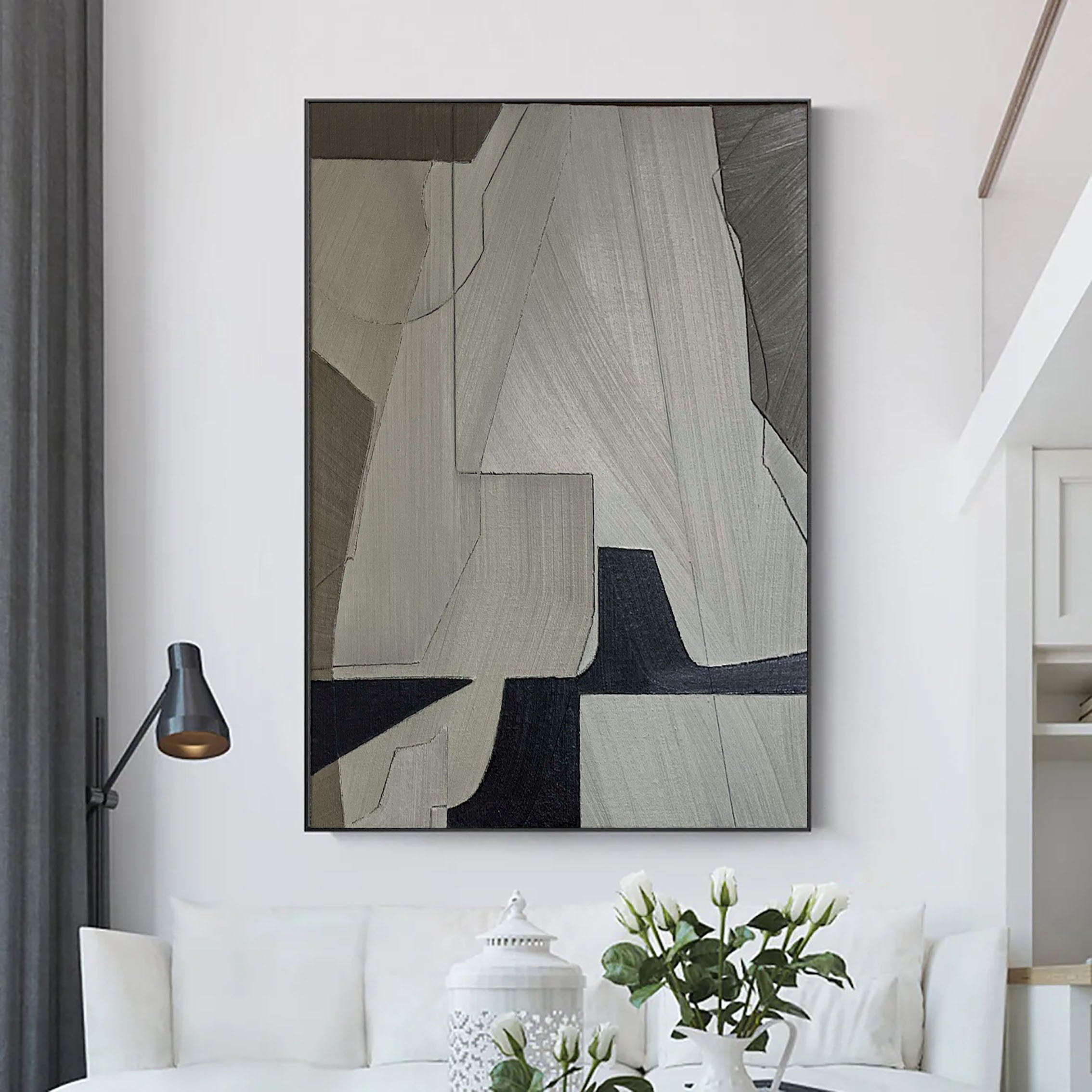 Linear Perspective-Minimalist Geometric Hand Drawn Grey Abstract Wall Art