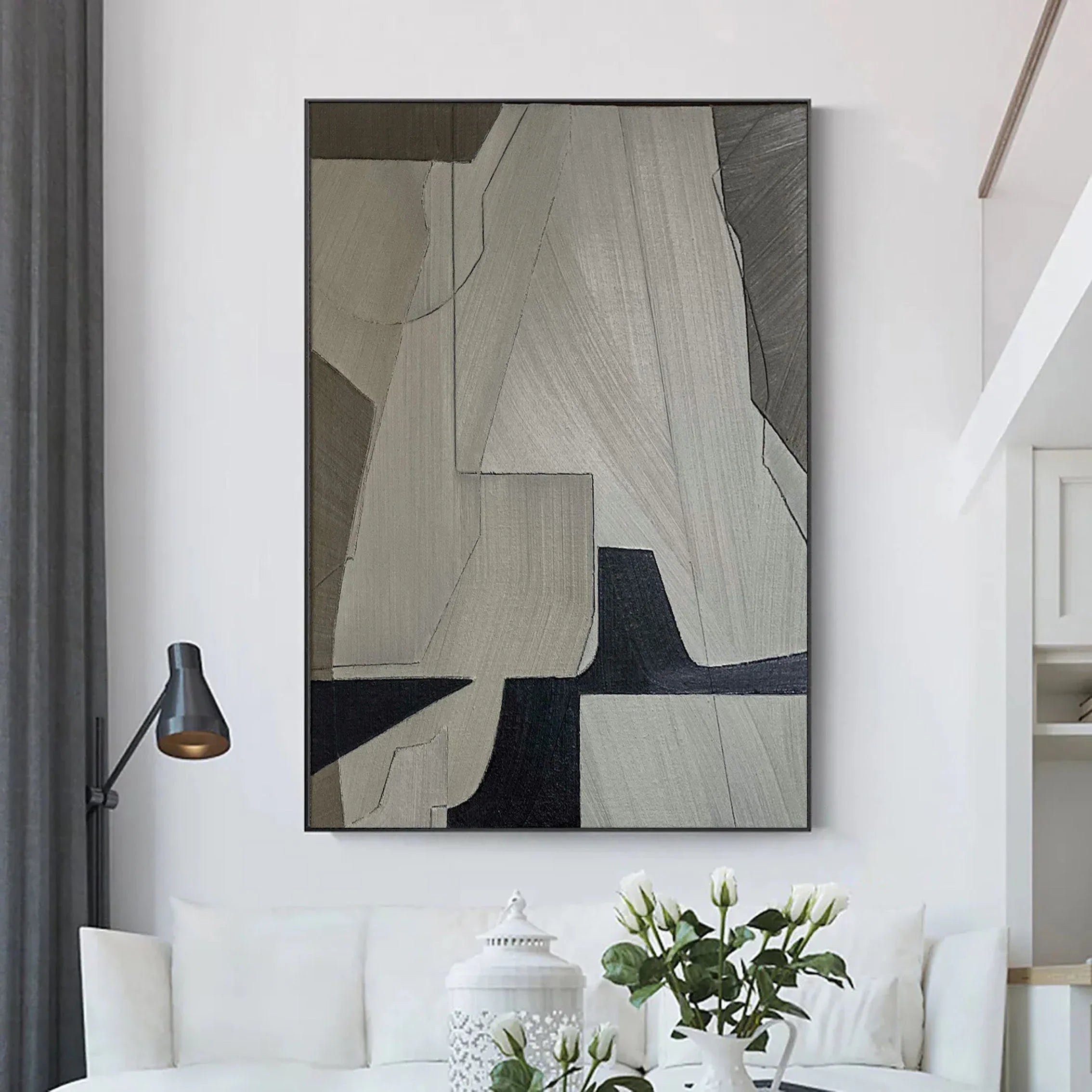 Linear Perspective-Minimalist Geometric Hand Drawn Grey Abstract Wall Art - artextured
