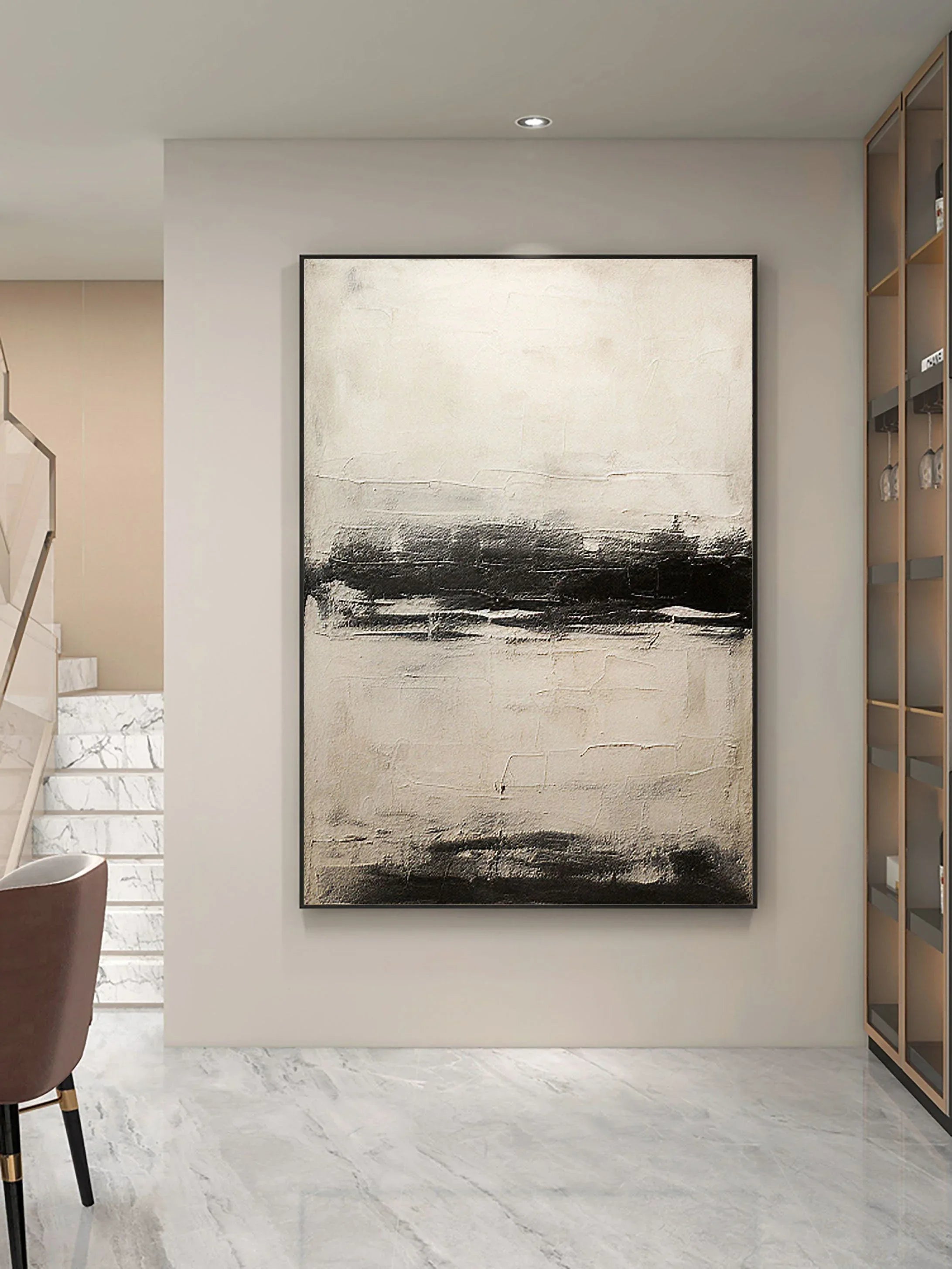 Neutral Horizon-Hand drawn black, white, gray horizon texture wall art - artextured