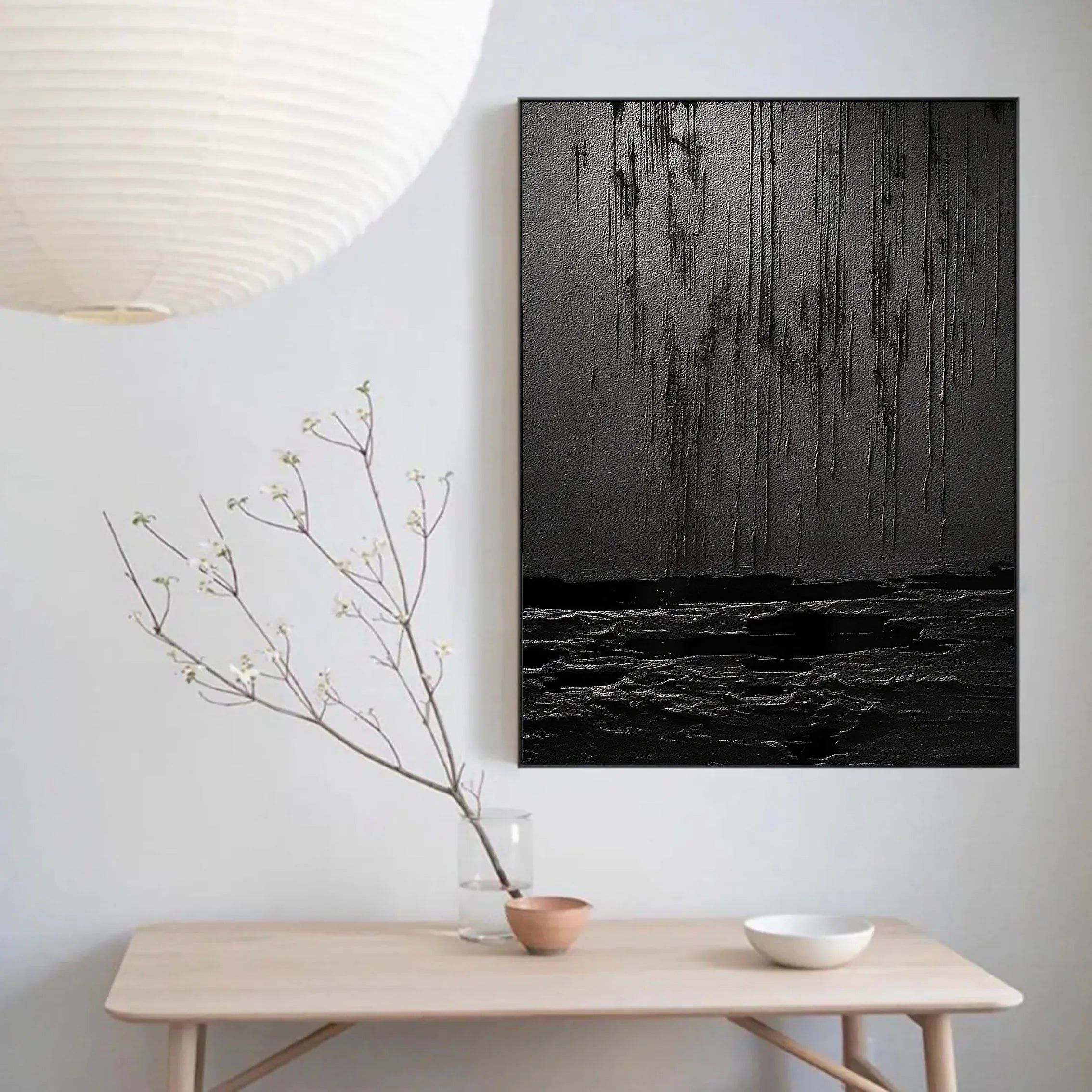 Midnight Echoes-Hand Drawn Pure Black Drip Texture Wall Art - artextured