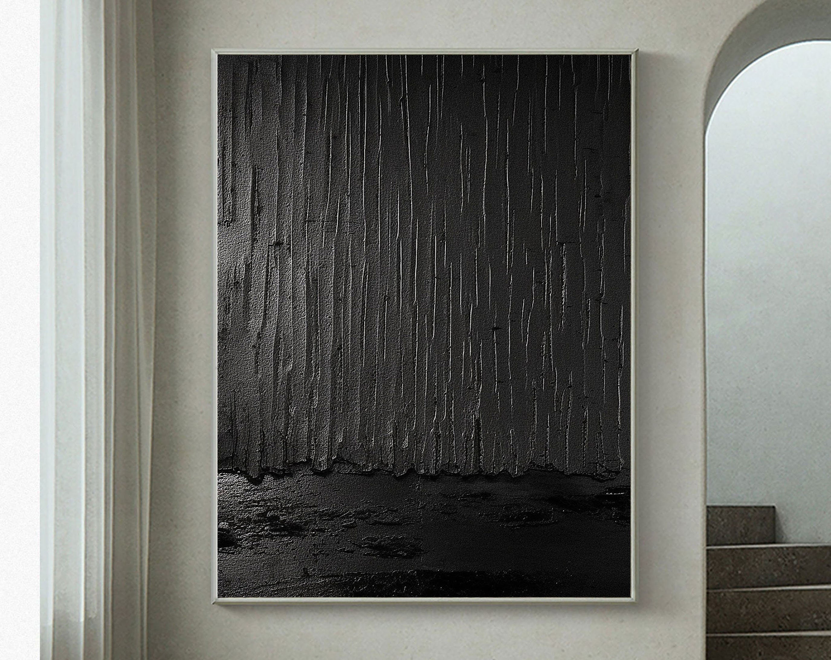 Shadows of Rain-Black Rain Curtain Abstract Thick Texture Oil Painting Wall Art