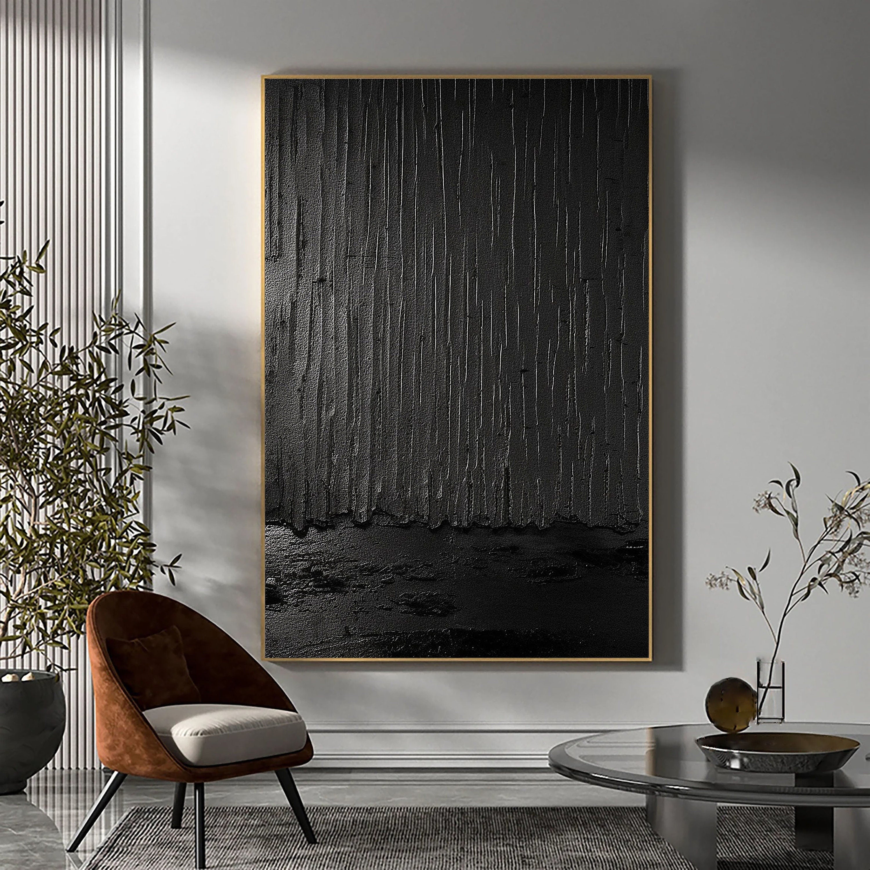 Shadows of Rain-Black Rain Curtain Abstract Thick Texture Oil Painting Wall Art