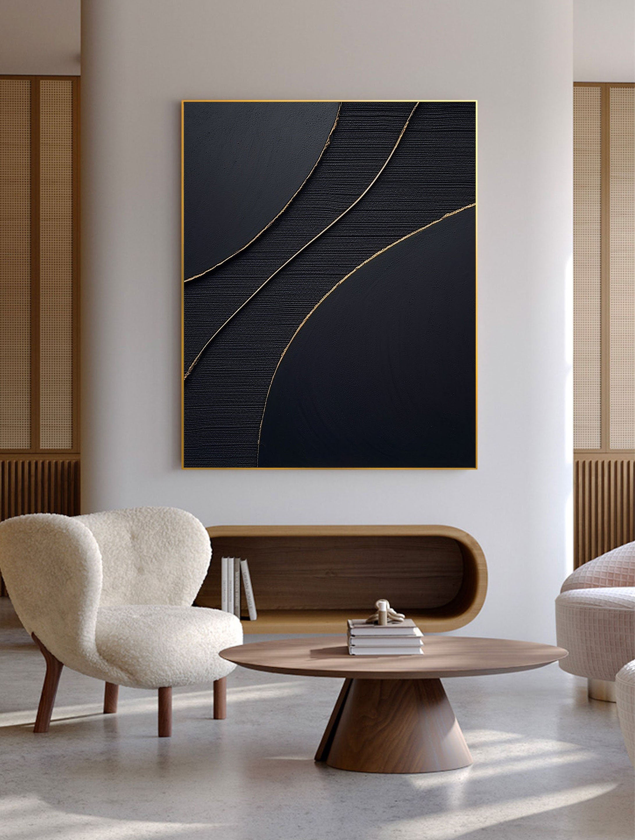 Golden Line Flow-Modern Minimalist Black Gold Geometric Curve Abstract Wall Art