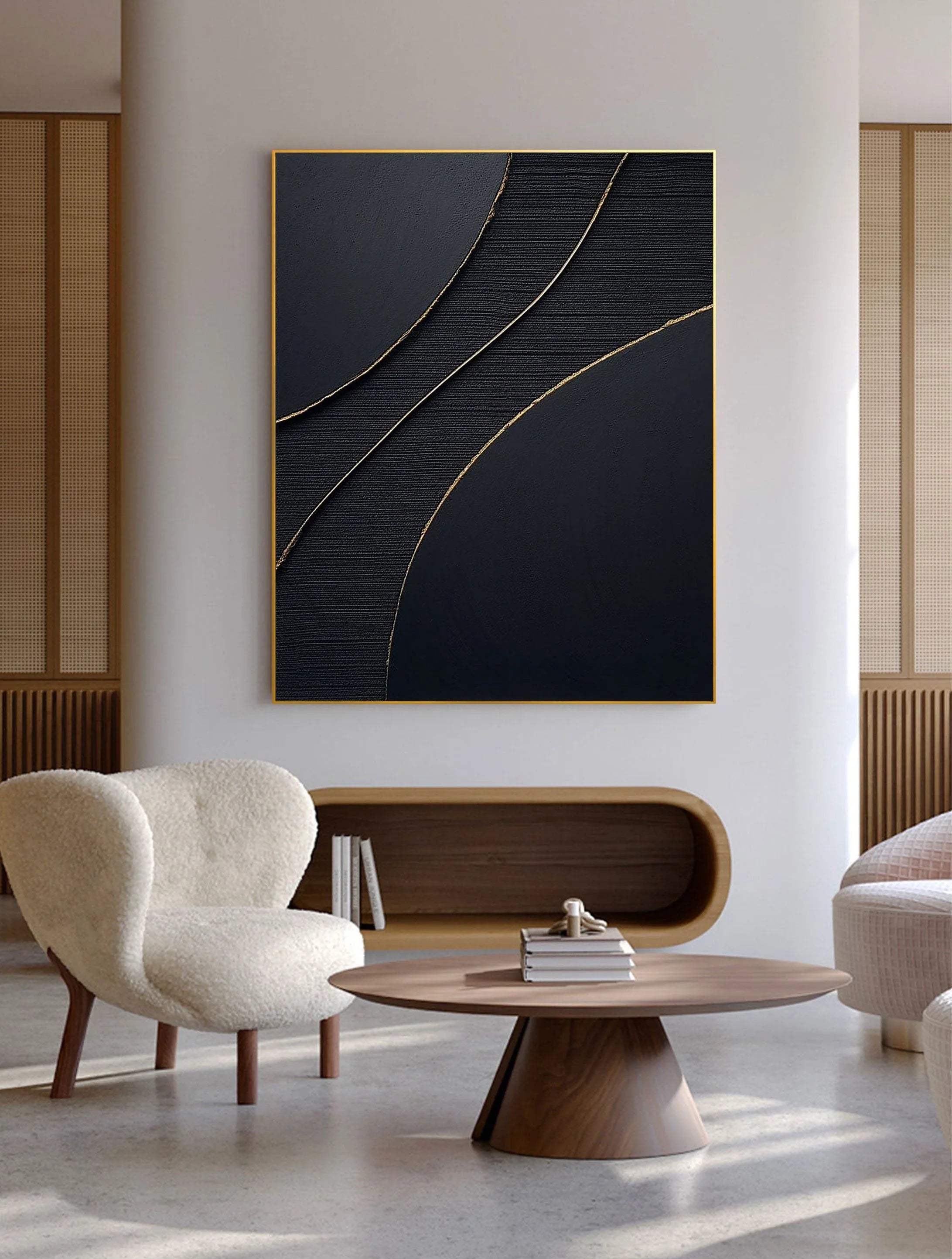 Golden Line Flow-Modern Minimalist Black Gold Geometric Curve Abstract Wall Art - artextured