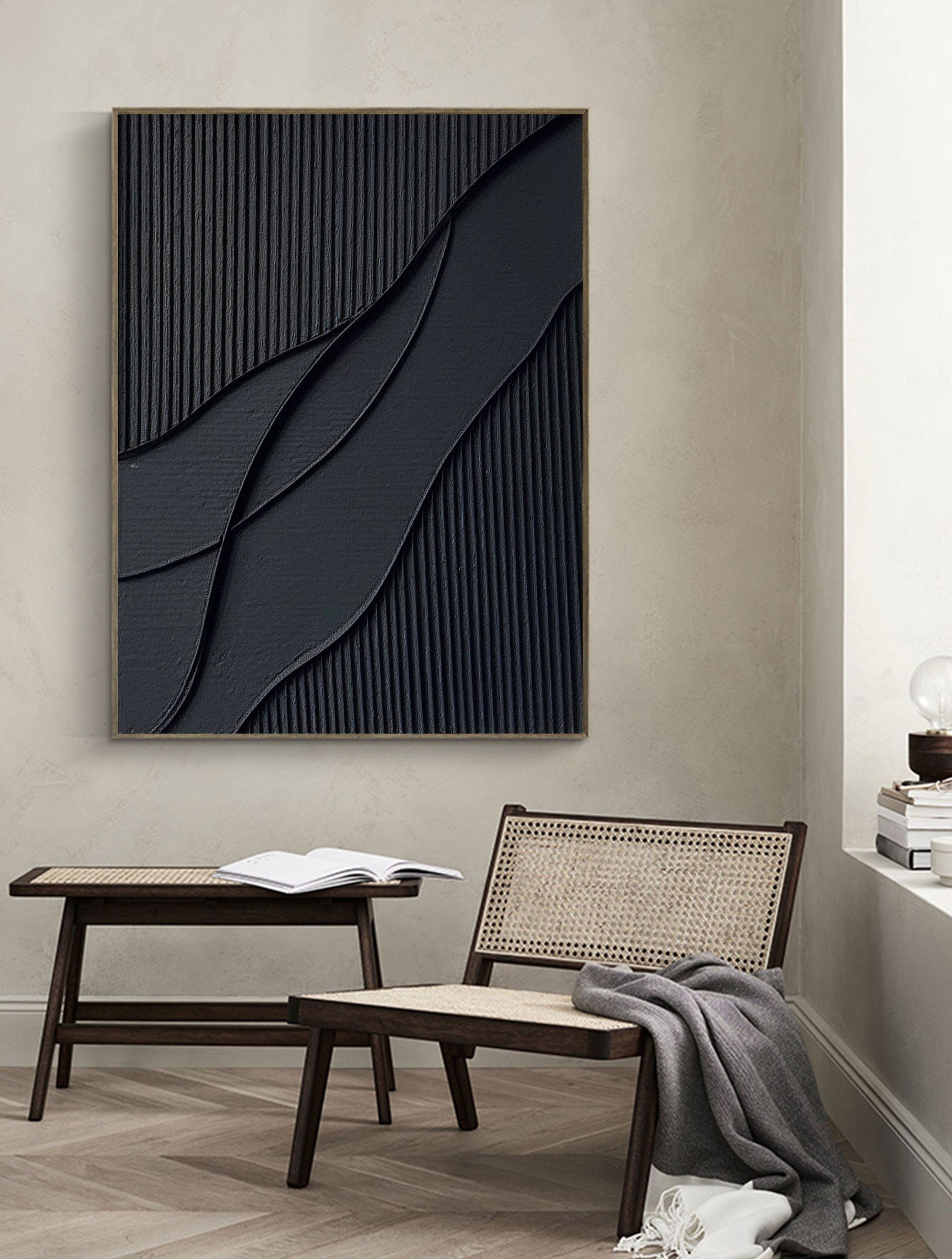 Midnight Flow- Modern Solid Black Abstract Textured Canvas Wall Art