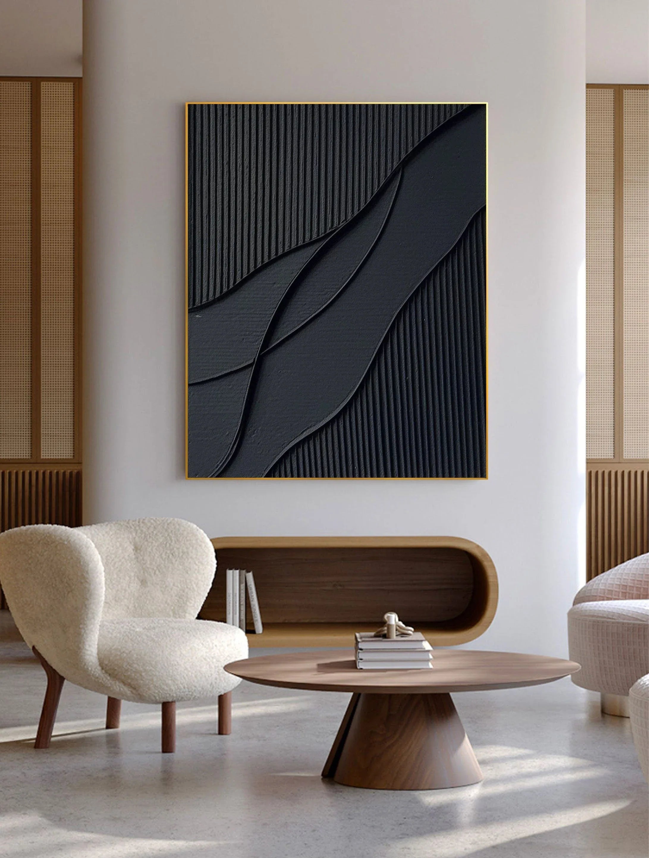 Midnight Flow- Modern Solid Black Abstract Textured Canvas Wall Art - artextured