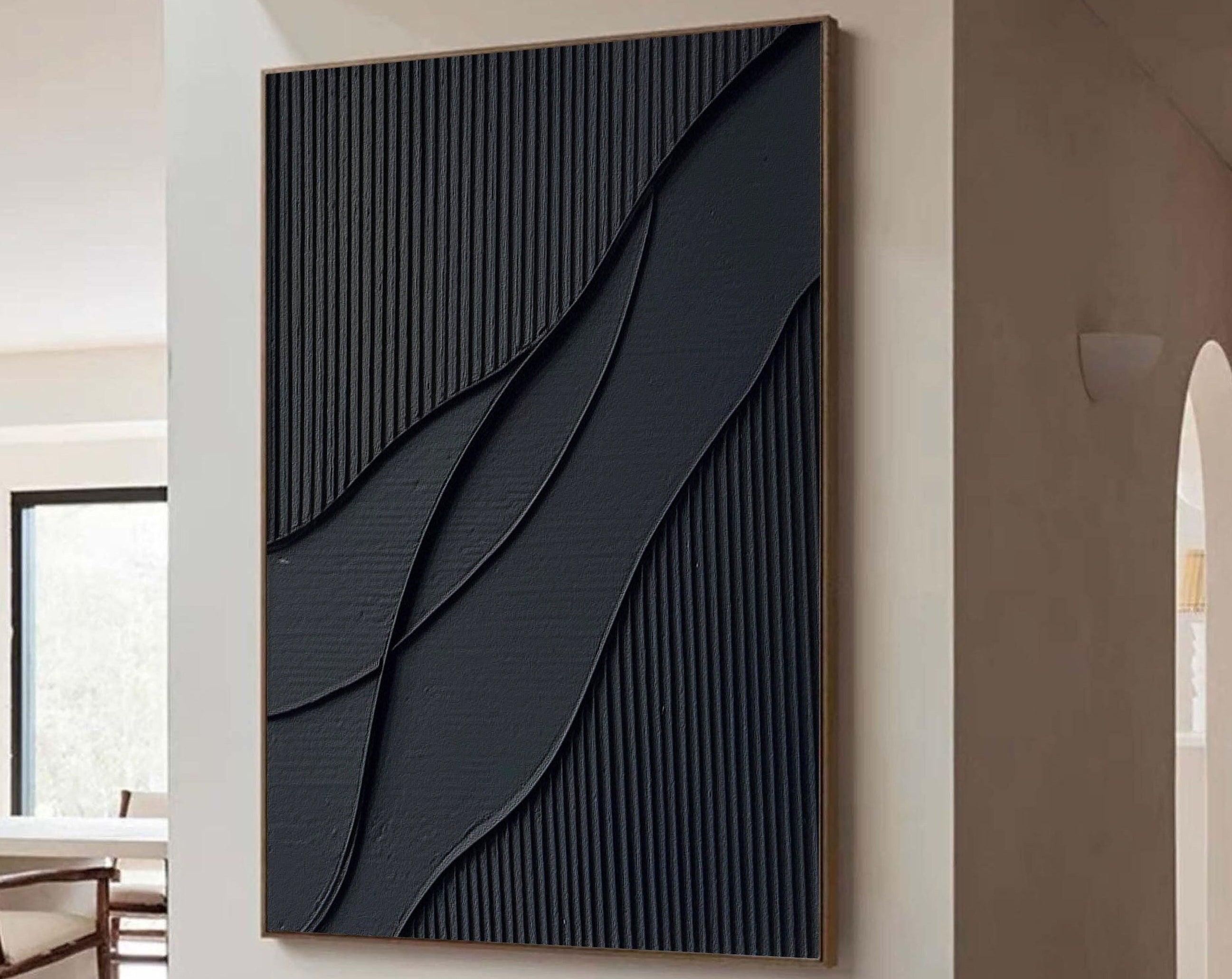 Midnight Flow- Modern Solid Black Abstract Textured Canvas Wall Art