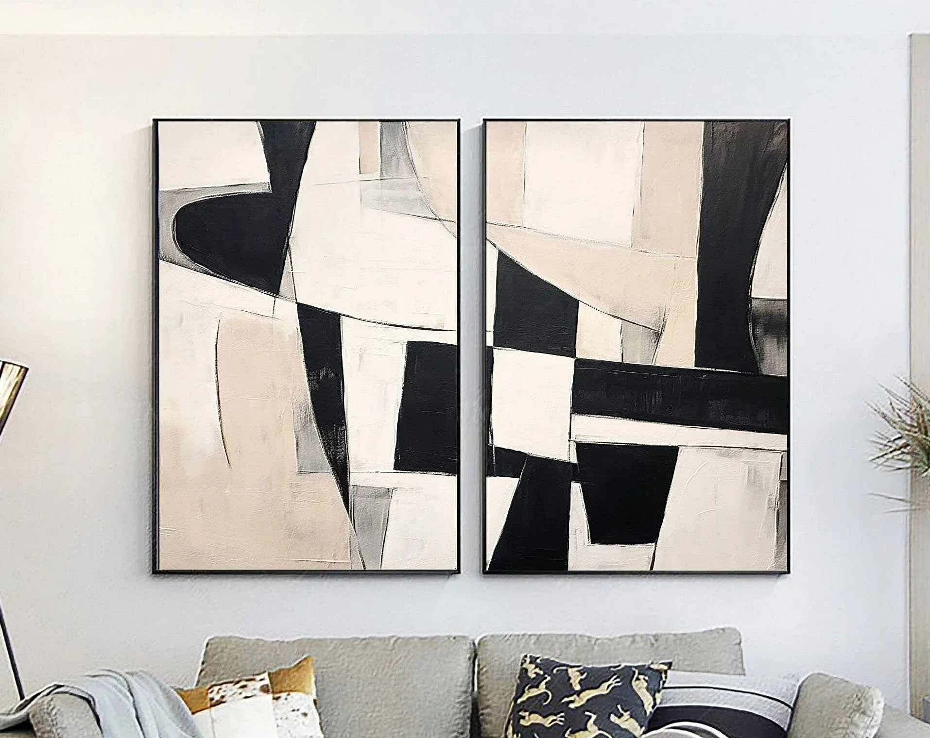 Monochrome Harmony Diptych SET OF 2-Minimalist Geometric Block Abstract Wall Art - artextured