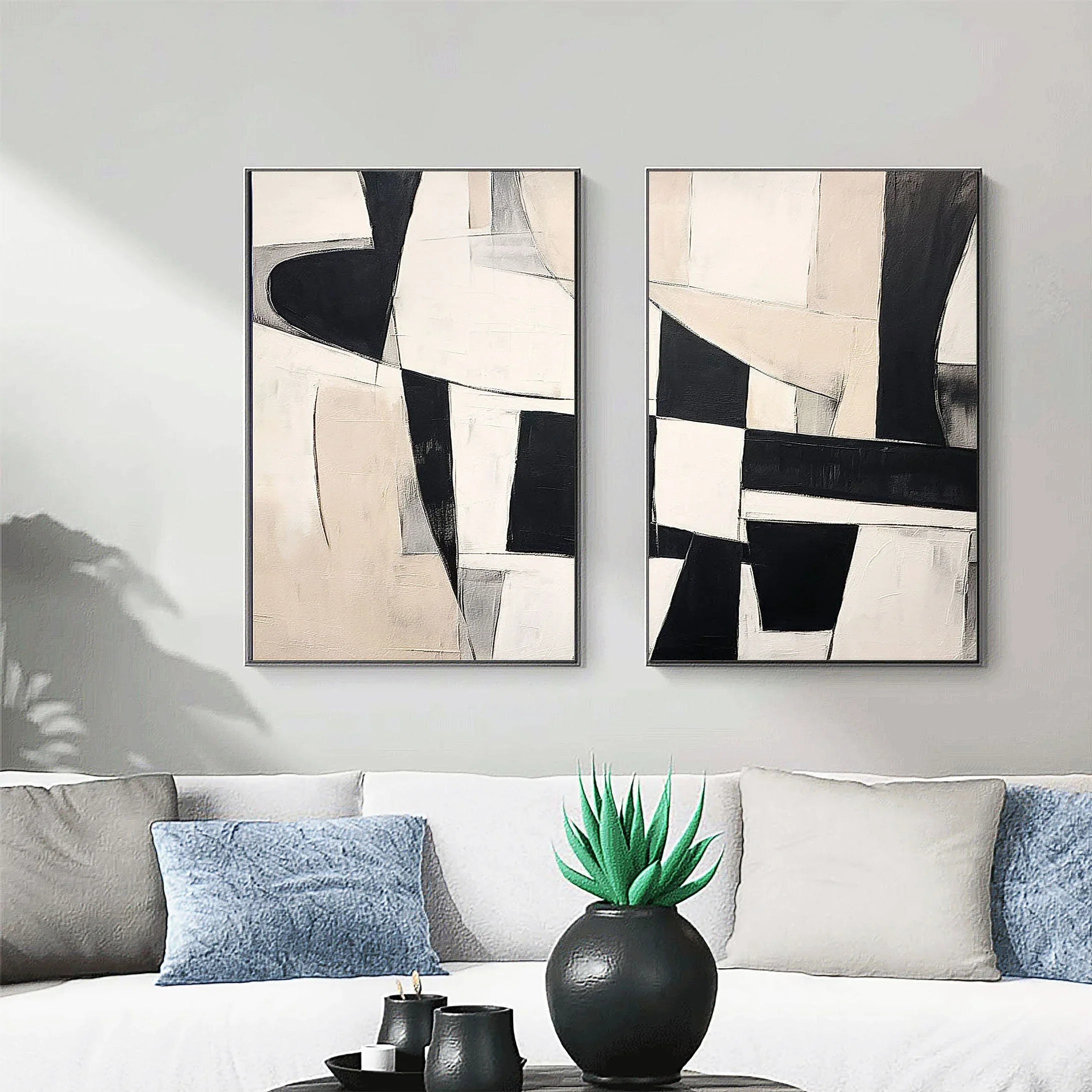 Monochrome Harmony Diptych SET OF 2-Minimalist Geometric Block Abstract Wall Art - artextured
