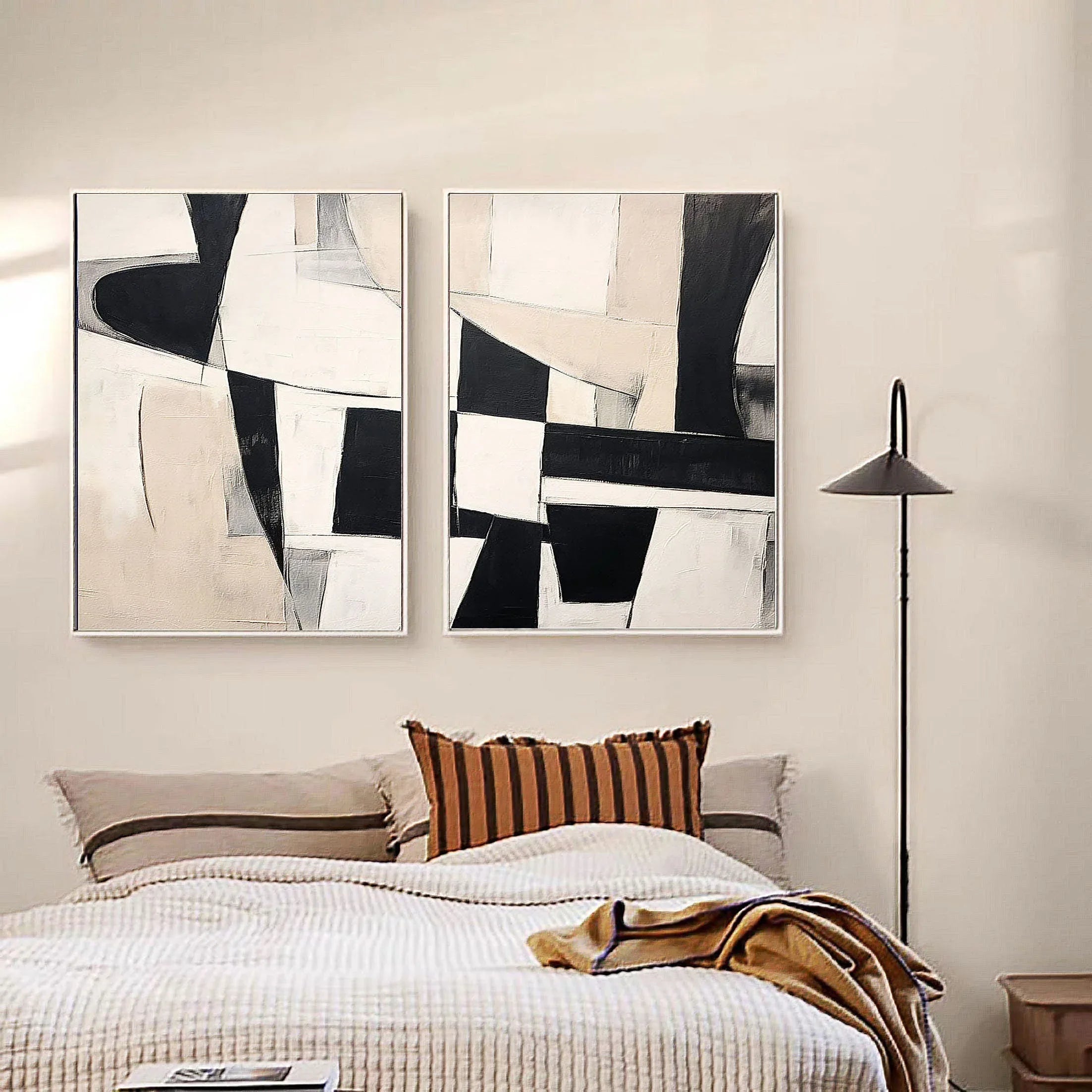 Monochrome Harmony Diptych SET OF 2-Minimalist Geometric Block Abstract Wall Art - artextured