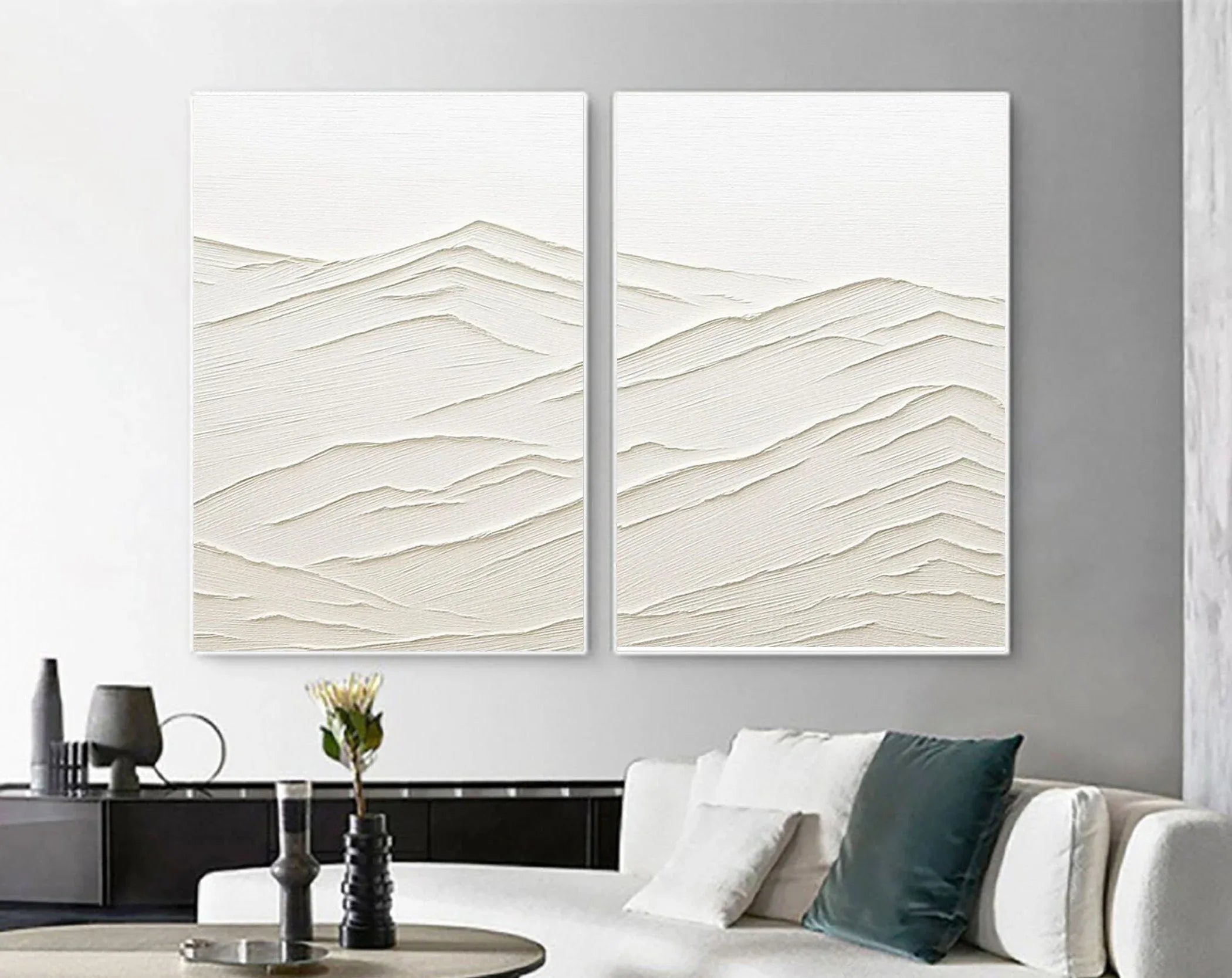 Whispering Horizons SET OF 2-Modern Minimalist White Textured Abstract Wall Art - artextured