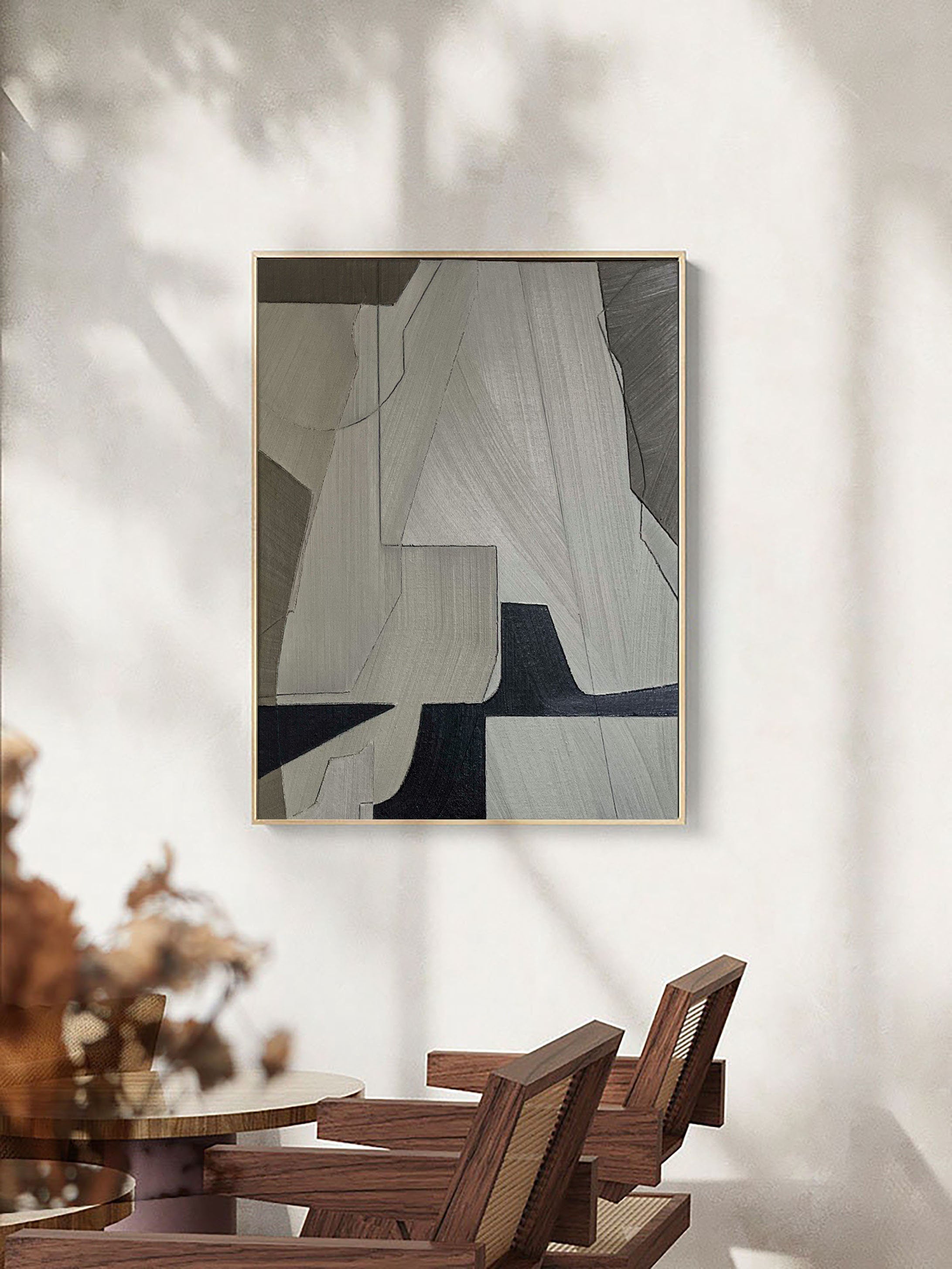 Linear Perspective-Minimalist Geometric Hand Drawn Grey Abstract Wall Art