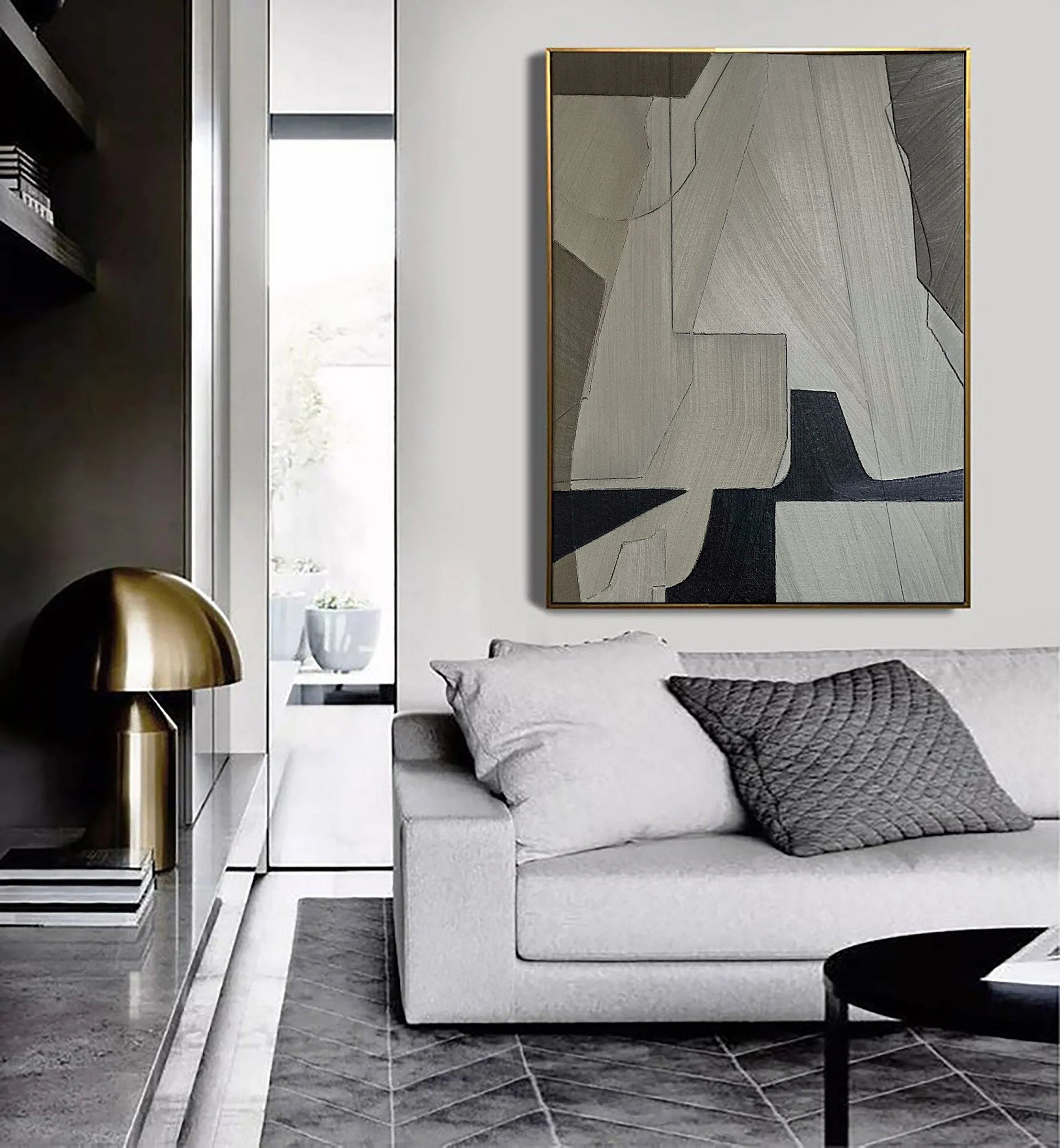 Linear Perspective-Minimalist Geometric Hand Drawn Grey Abstract Wall Art - artextured