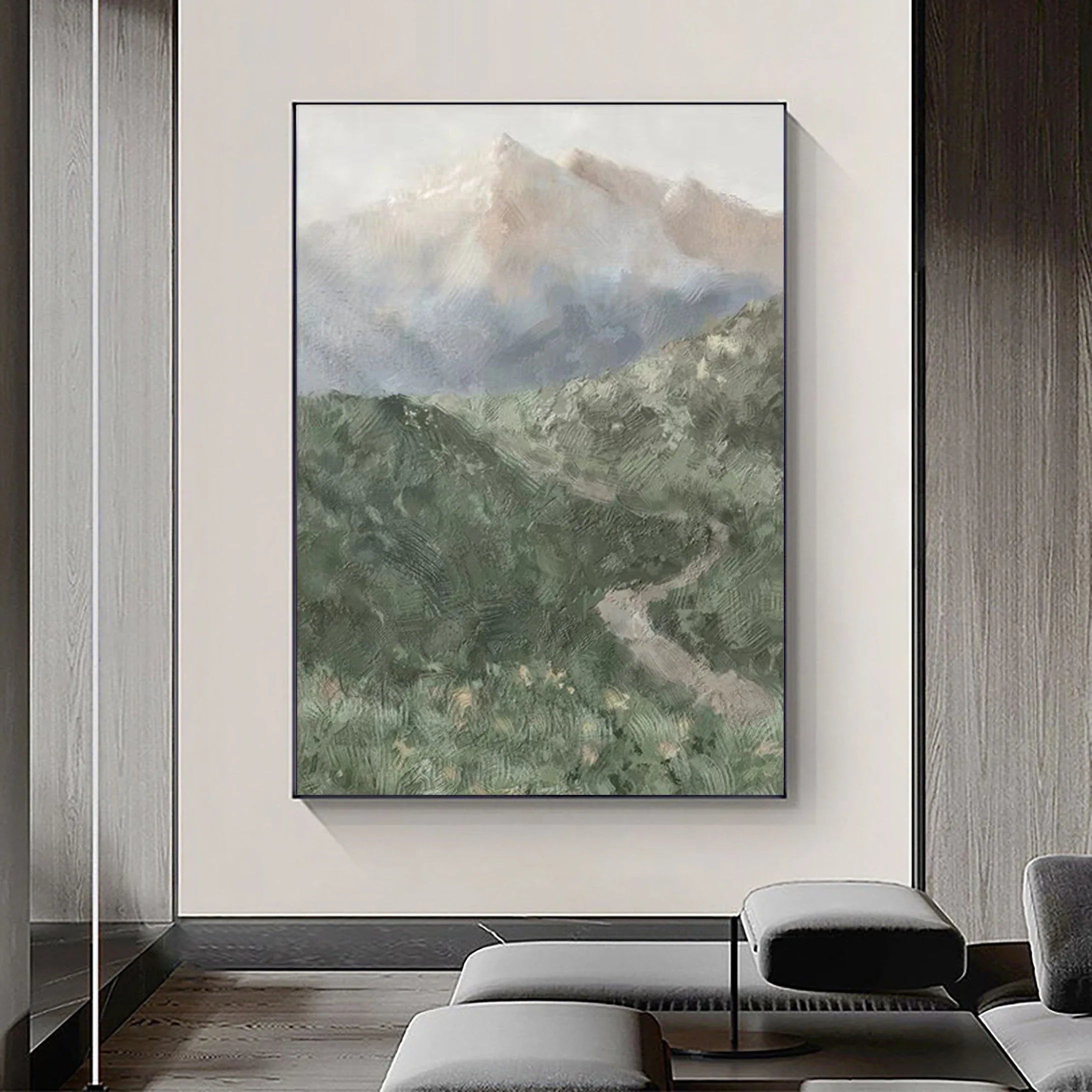 Misty Mountain Path-Hand drawn Green Gray Texture Mountain Abstract Wall Art - artextured