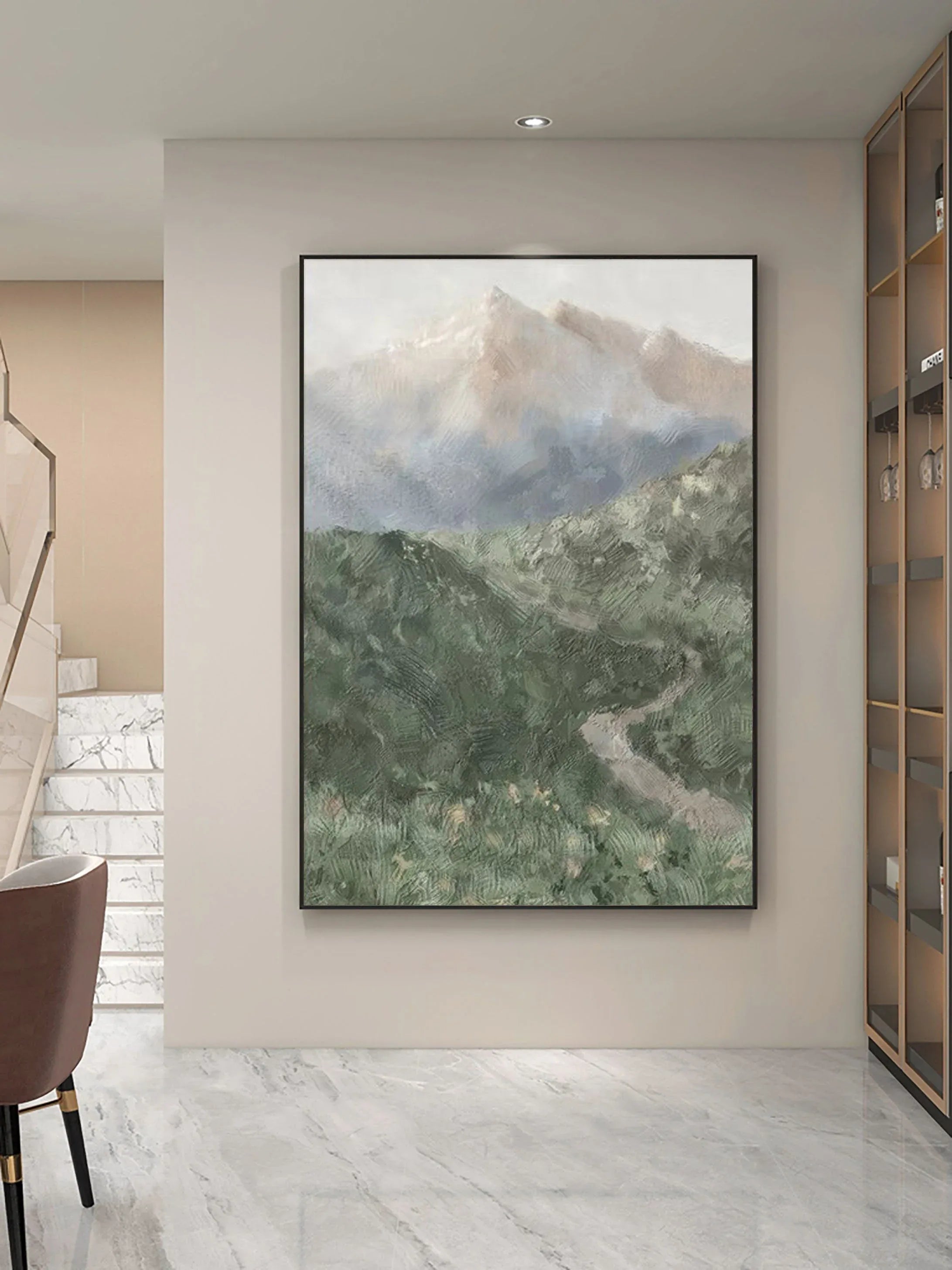 Misty Mountain Path-Hand drawn Green Gray Texture Mountain Abstract Wall Art - artextured