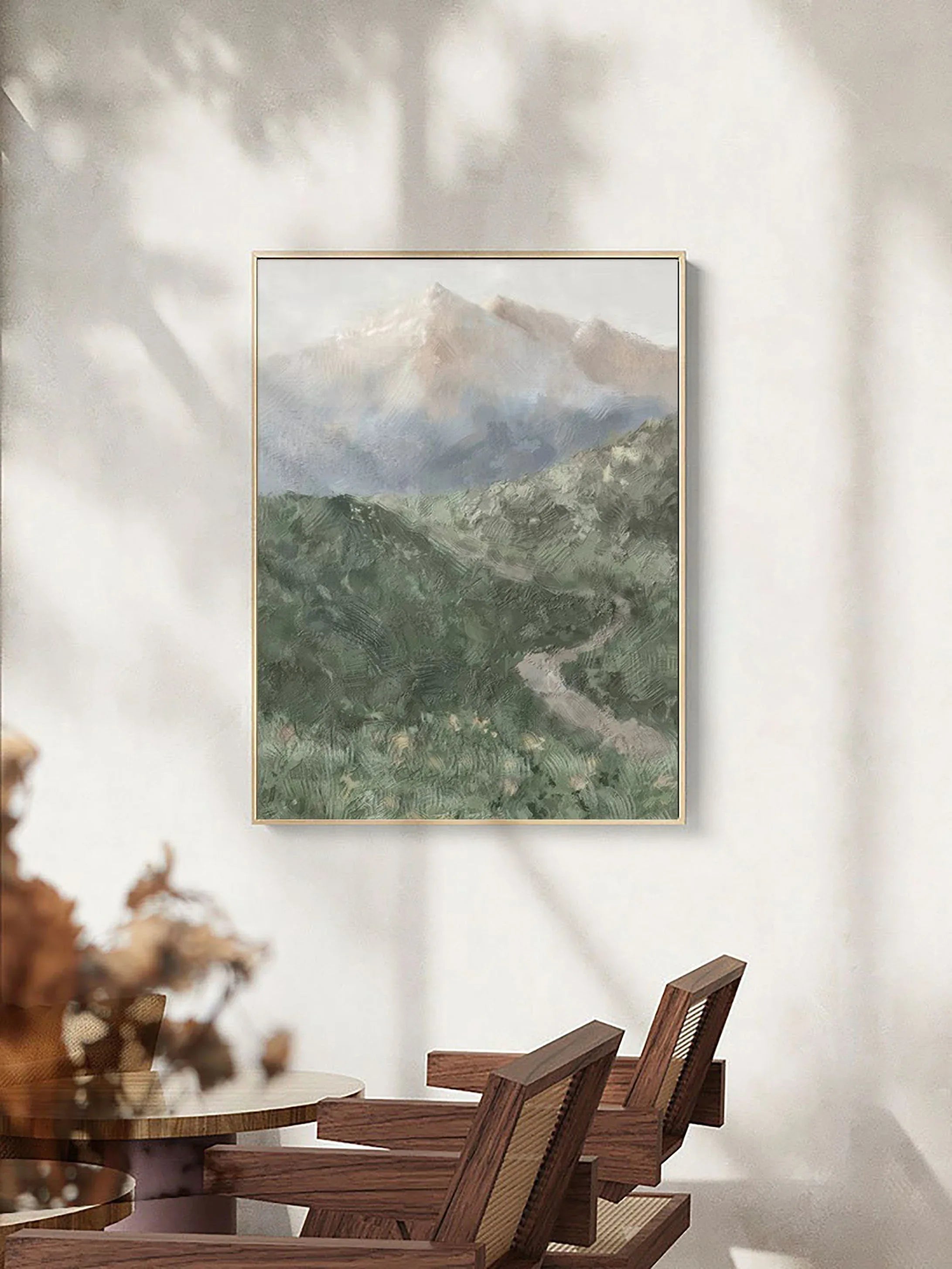 Misty Mountain Path-Hand drawn Green Gray Texture Mountain Abstract Wall Art - artextured