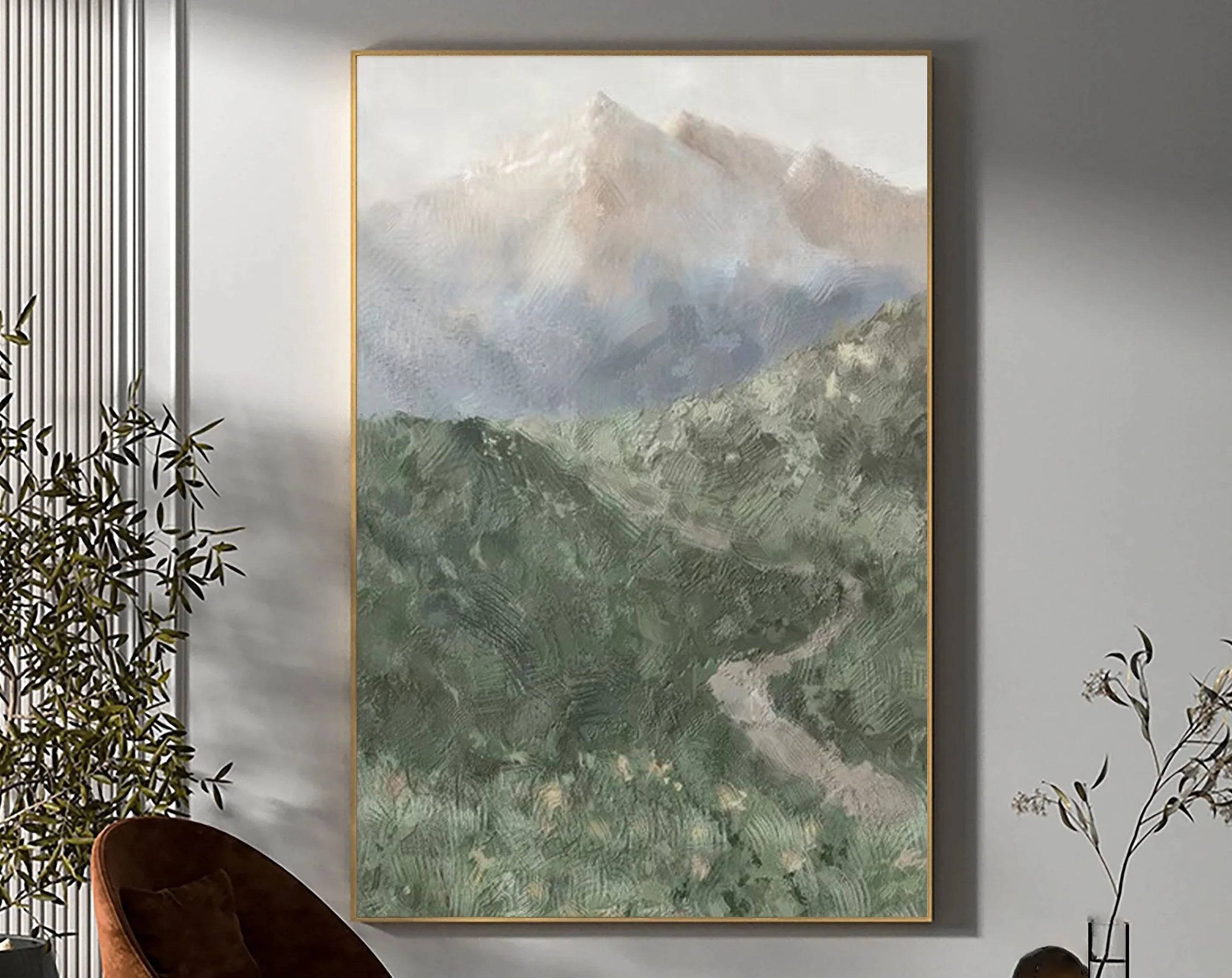 Misty Mountain Path-Hand drawn Green Gray Texture Mountain Abstract Wall Art - artextured