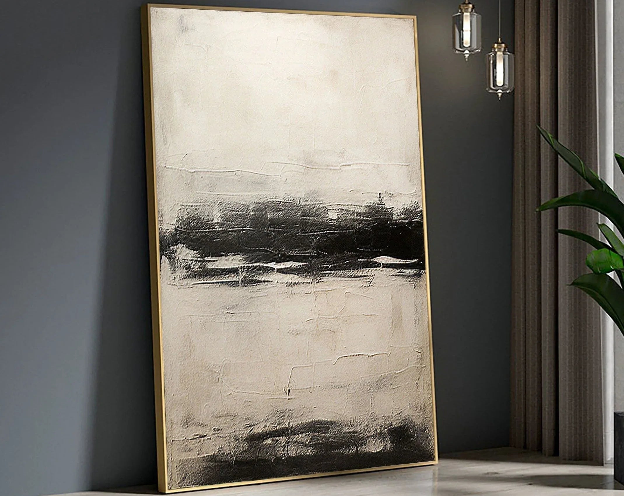 Neutral Horizon-Hand drawn black, white, gray horizon texture wall art - artextured