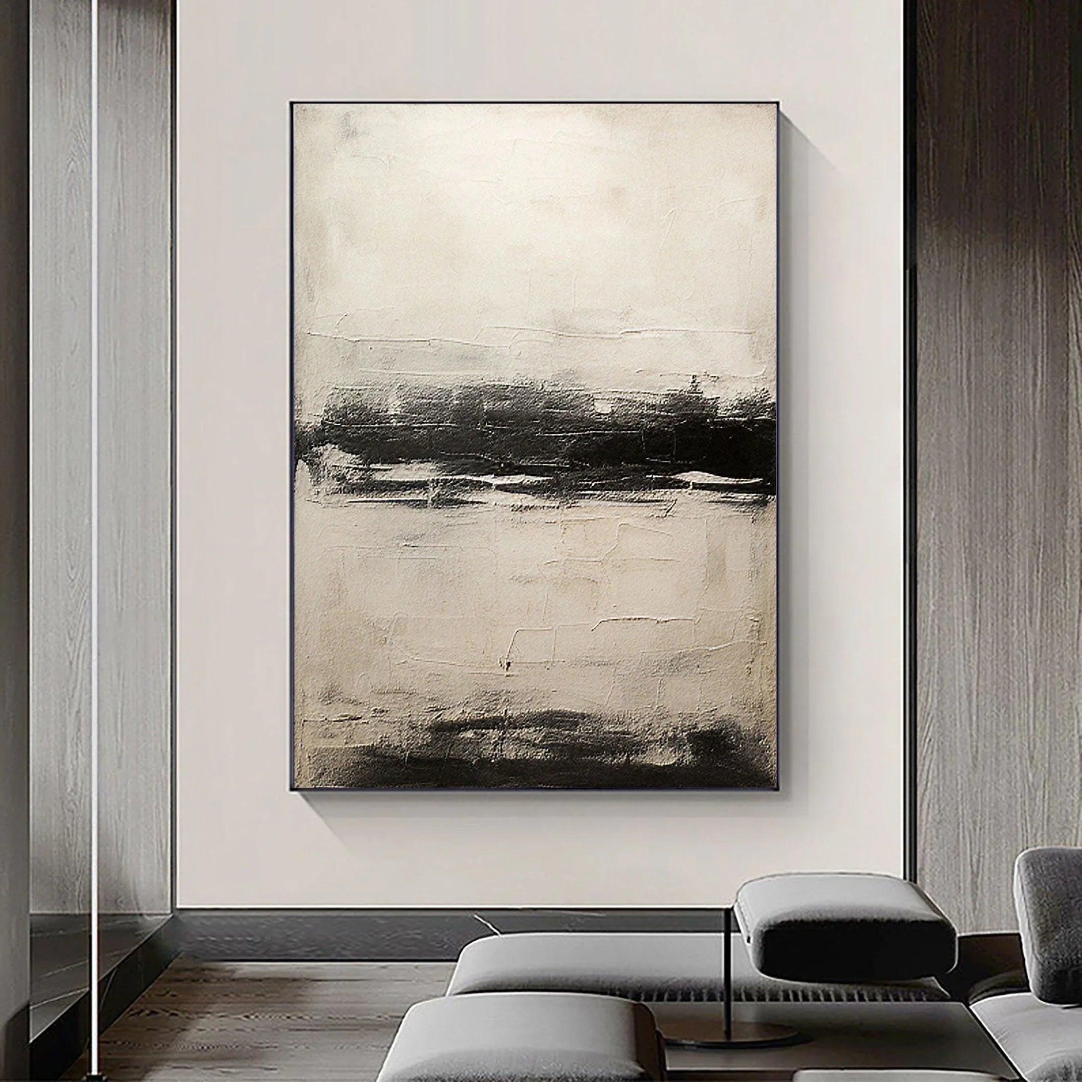 Neutral Horizon-Hand drawn black, white, gray horizon texture wall art - artextured