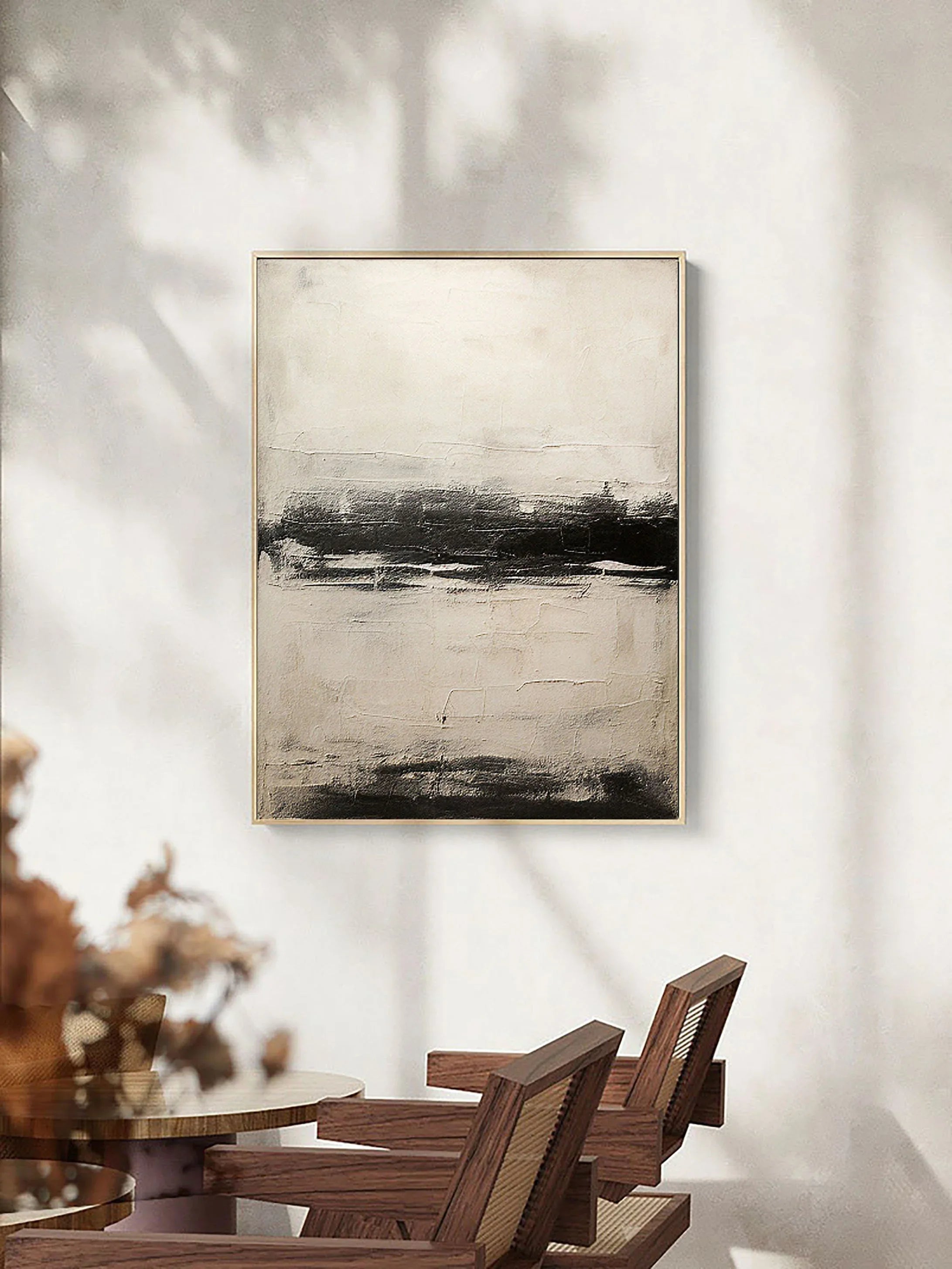 Neutral Horizon-Hand drawn black, white, gray horizon texture wall art - artextured