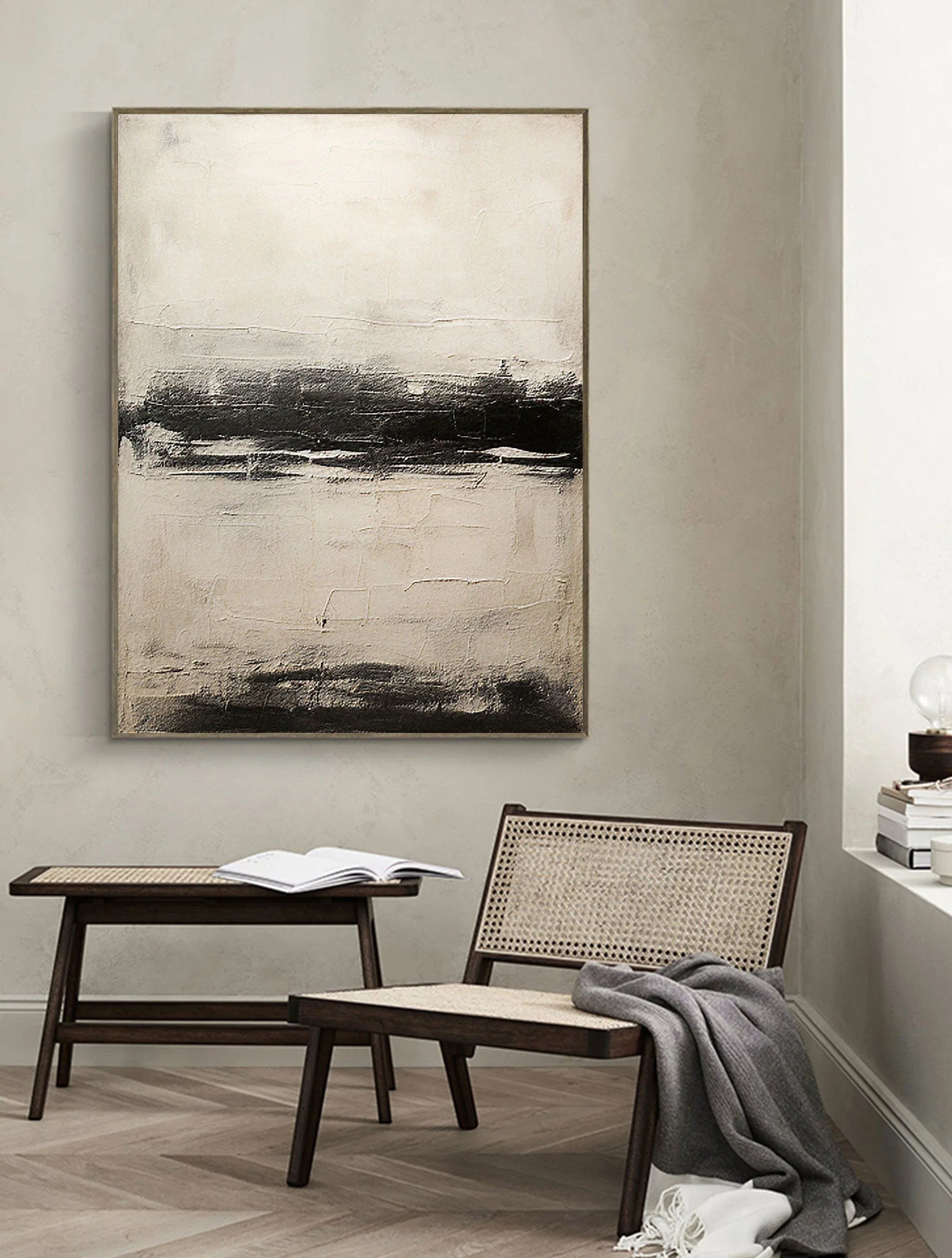 Neutral Horizon-Hand drawn black, white, gray horizon texture wall art - artextured