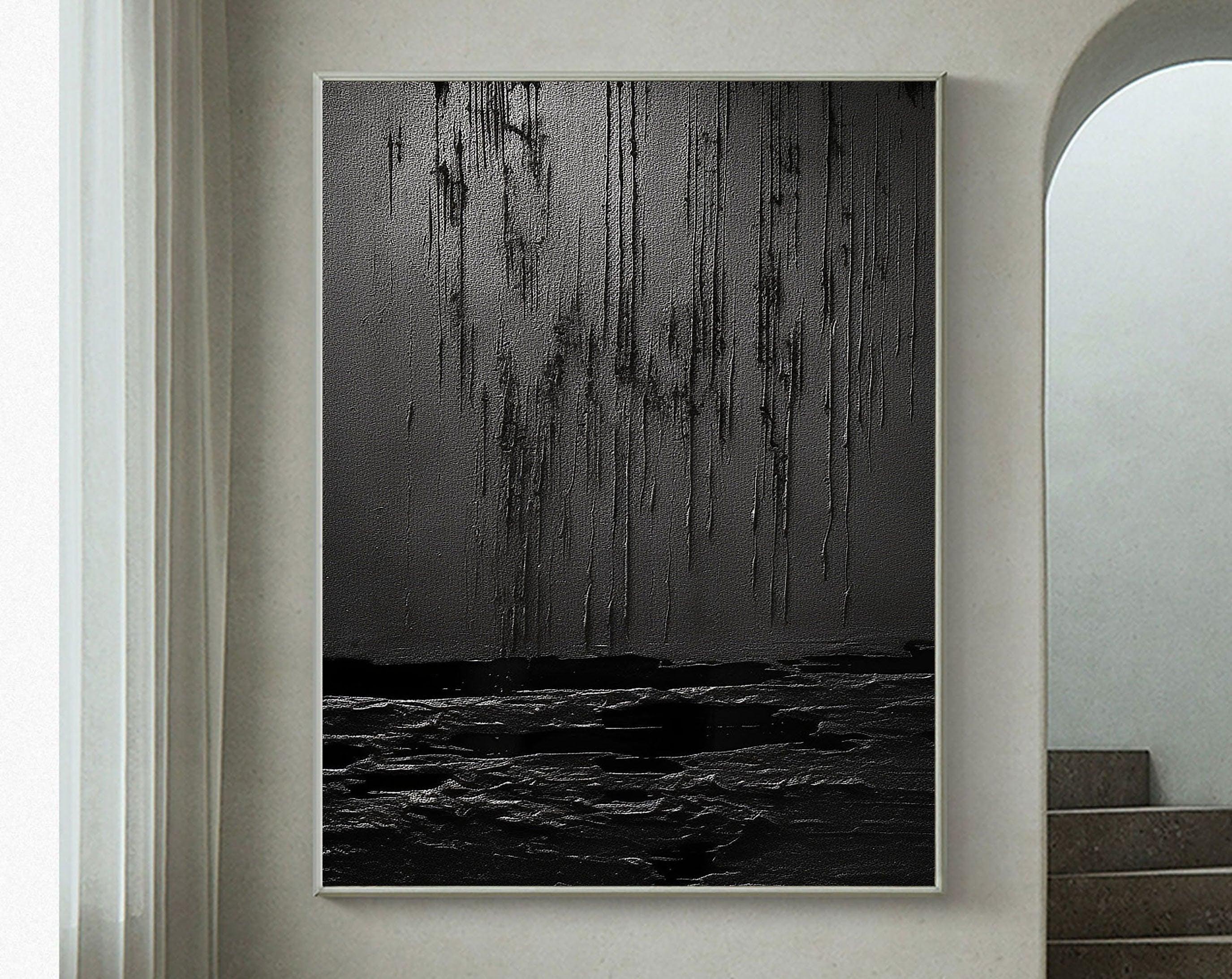 Midnight Echoes-Hand Drawn Pure Black Drip Texture Wall Art - artextured