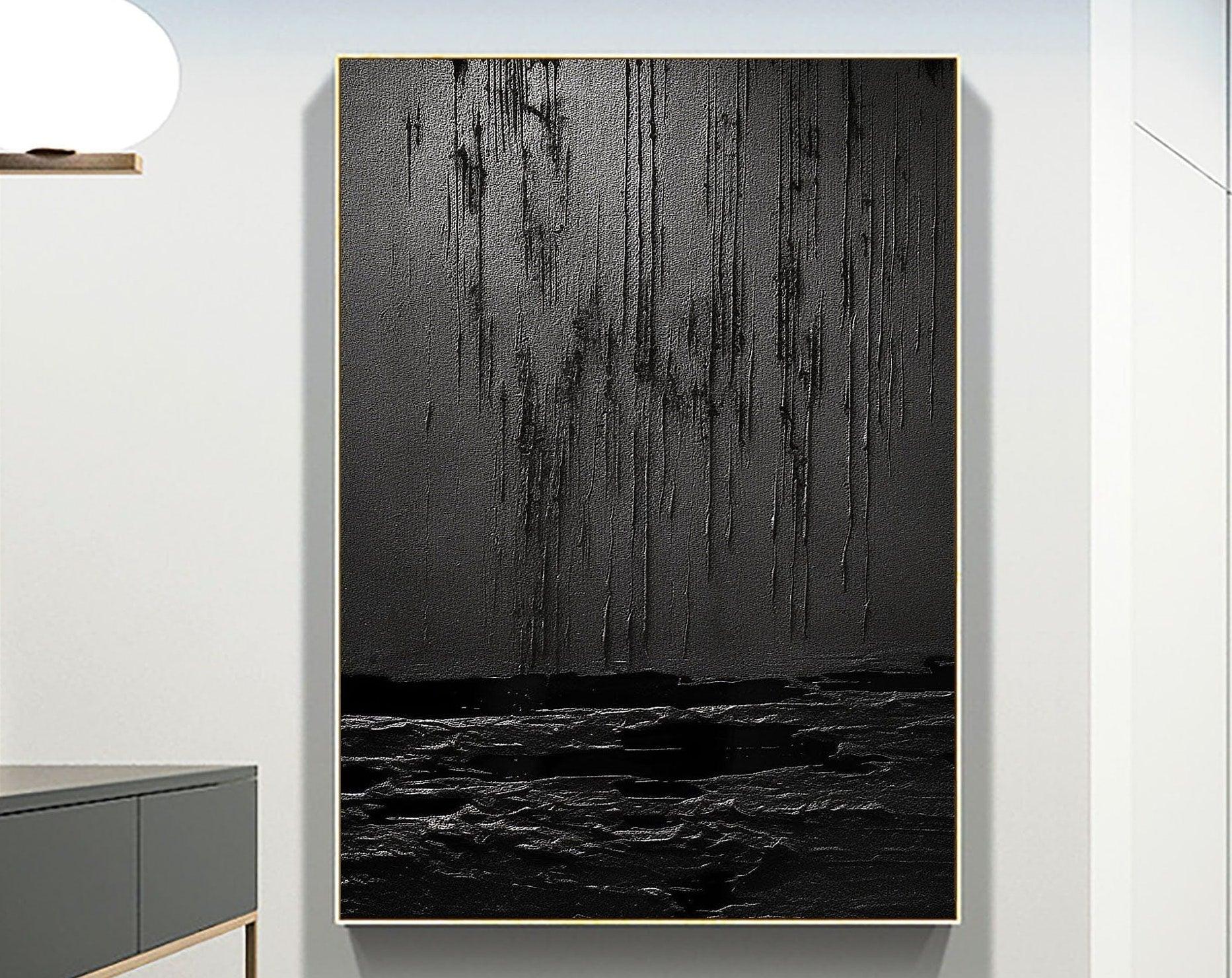 Midnight Echoes-Hand Drawn Pure Black Drip Texture Wall Art - artextured