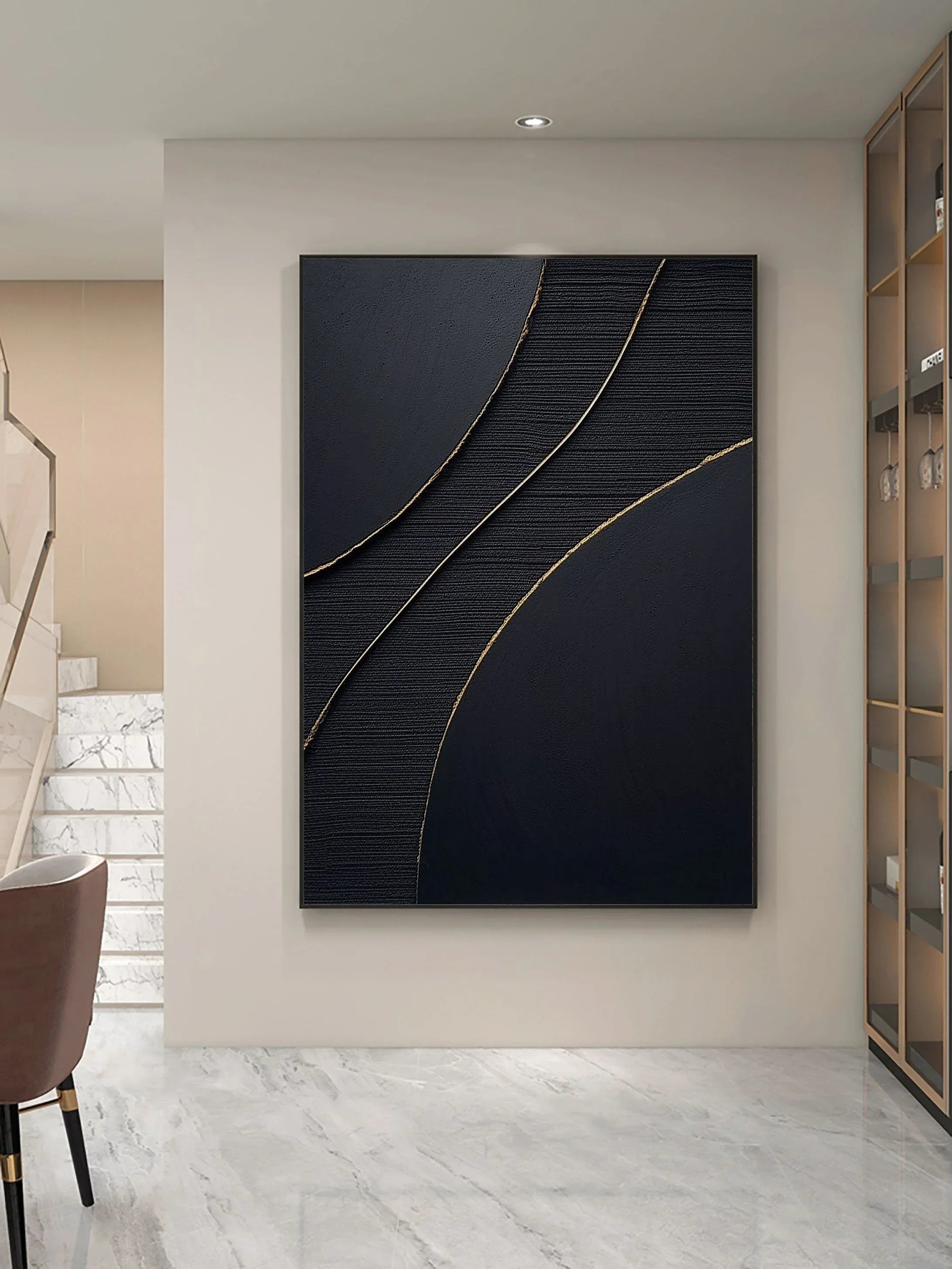 Golden Line Flow-Modern Minimalist Black Gold Geometric Curve Abstract Wall Art - artextured