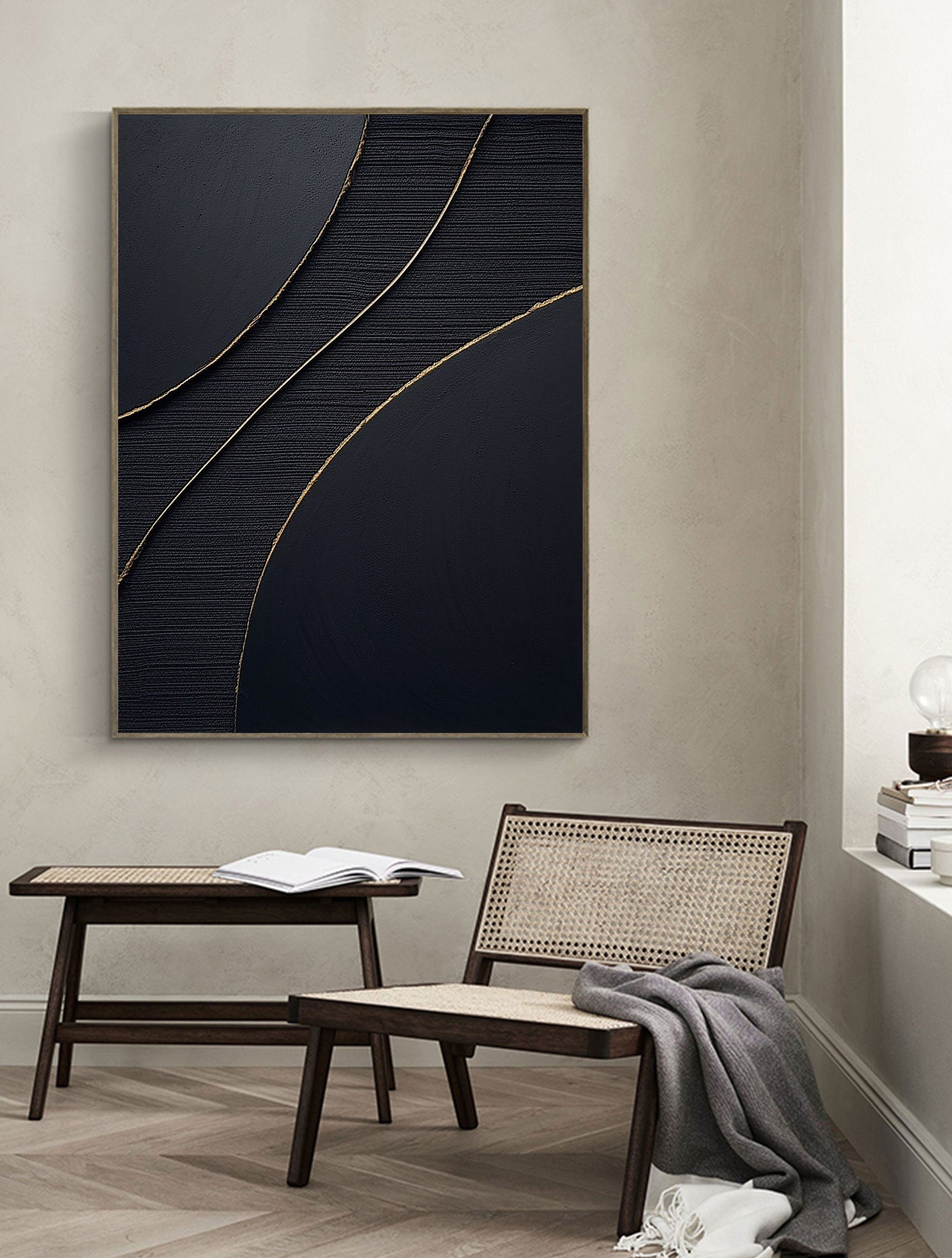 Golden Line Flow-Modern Minimalist Black Gold Geometric Curve Abstract Wall Art