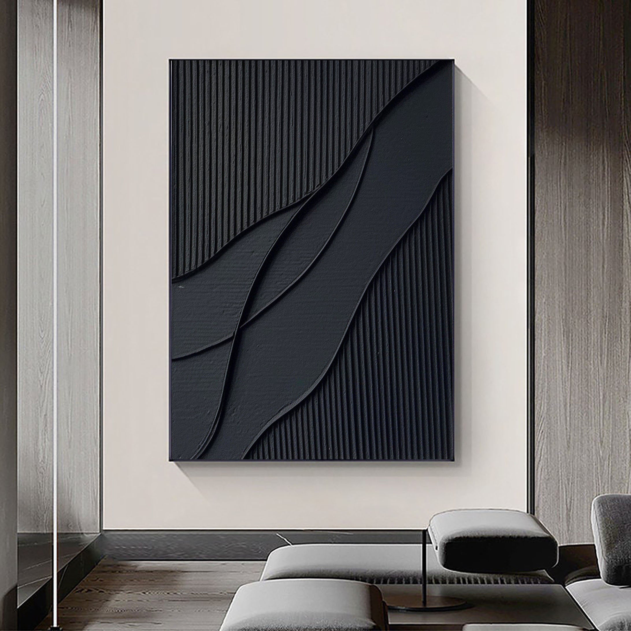 Midnight Flow- Modern Solid Black Abstract Textured Canvas Wall Art