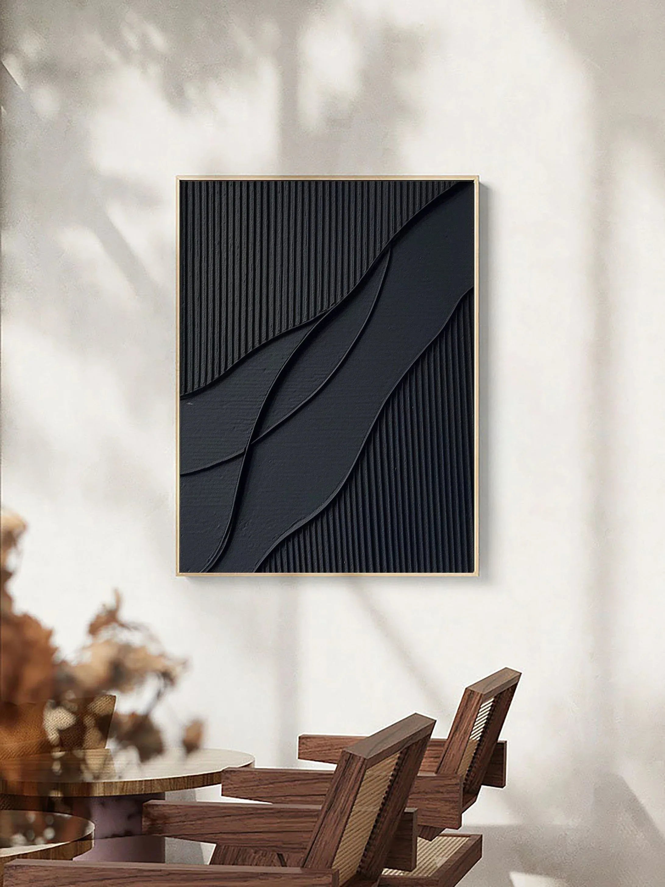 Midnight Flow- Modern Solid Black Abstract Textured Canvas Wall Art - artextured
