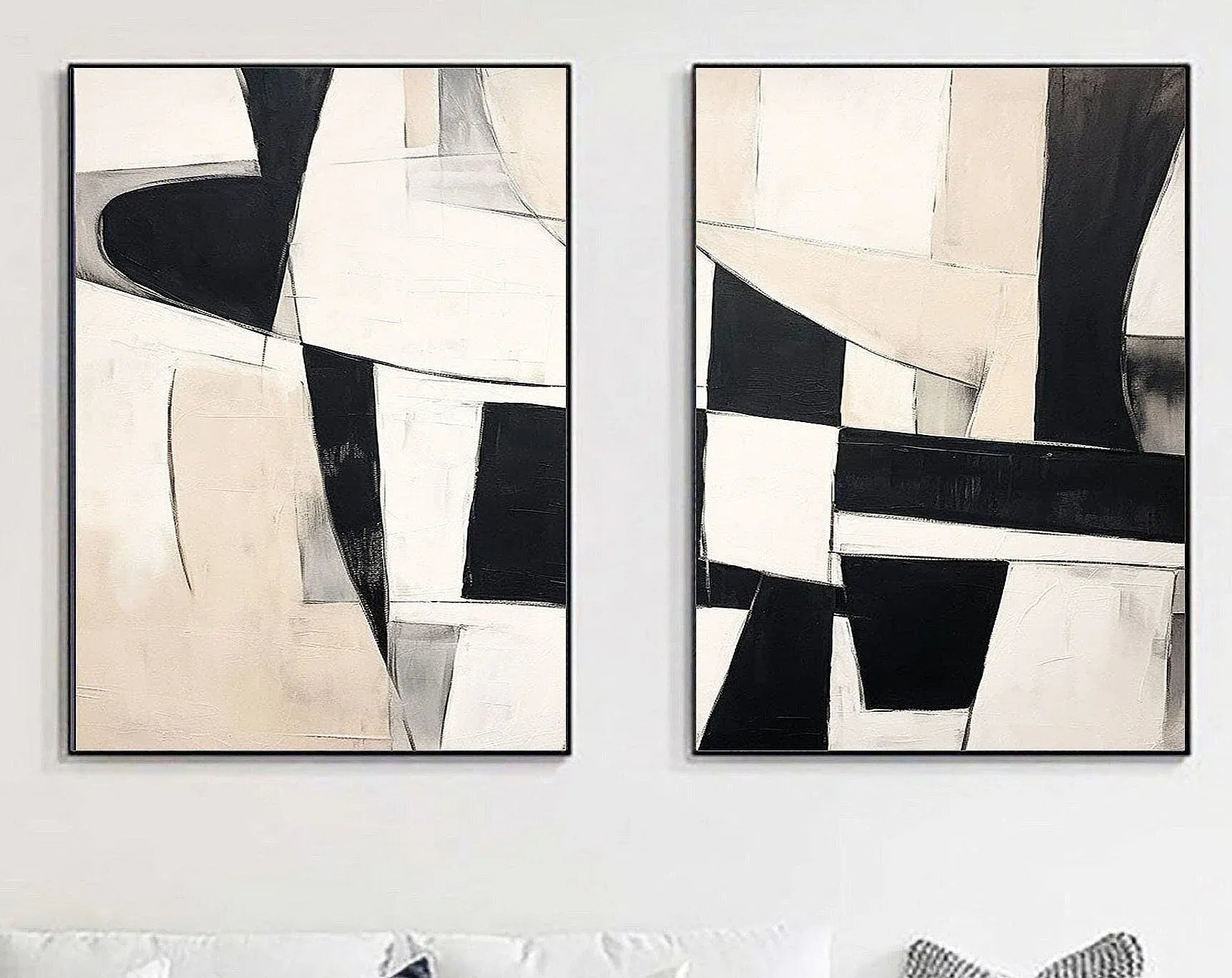Monochrome Harmony Diptych SET OF 2-Minimalist Geometric Block Abstract Wall Art - artextured