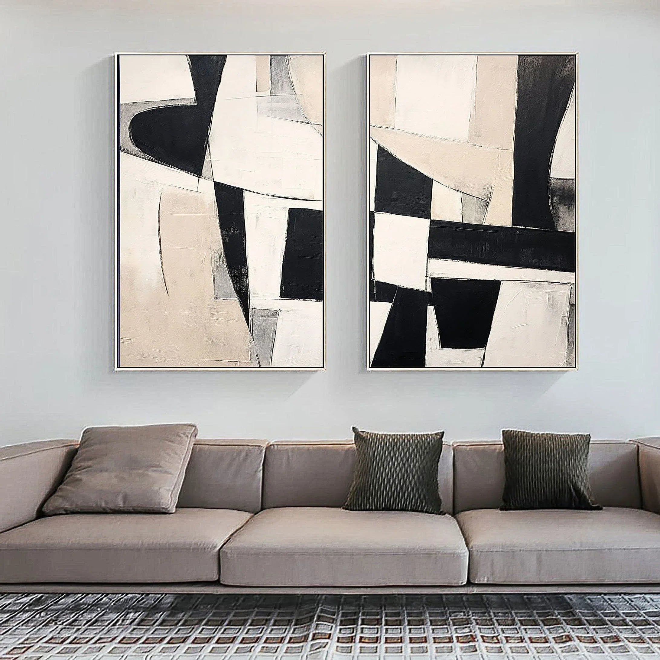 Monochrome Harmony Diptych SET OF 2-Minimalist Geometric Block Abstract Wall Art - artextured