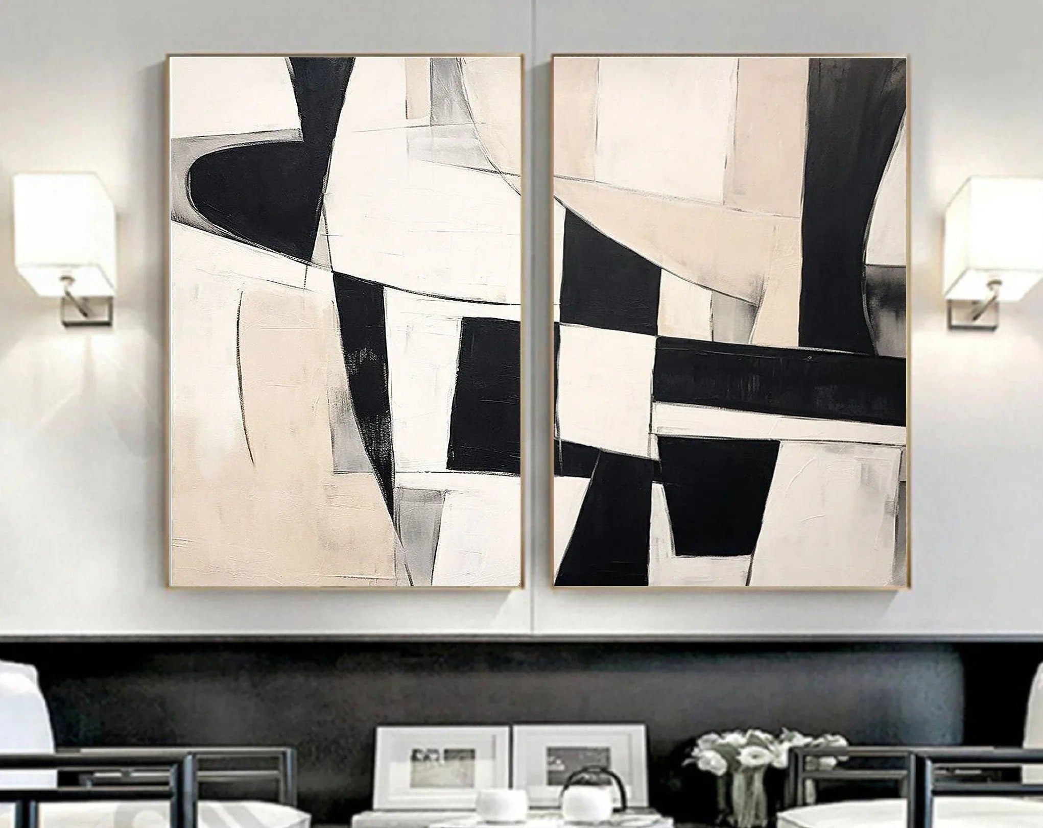Monochrome Harmony Diptych SET OF 2-Minimalist Geometric Block Abstract Wall Art - artextured