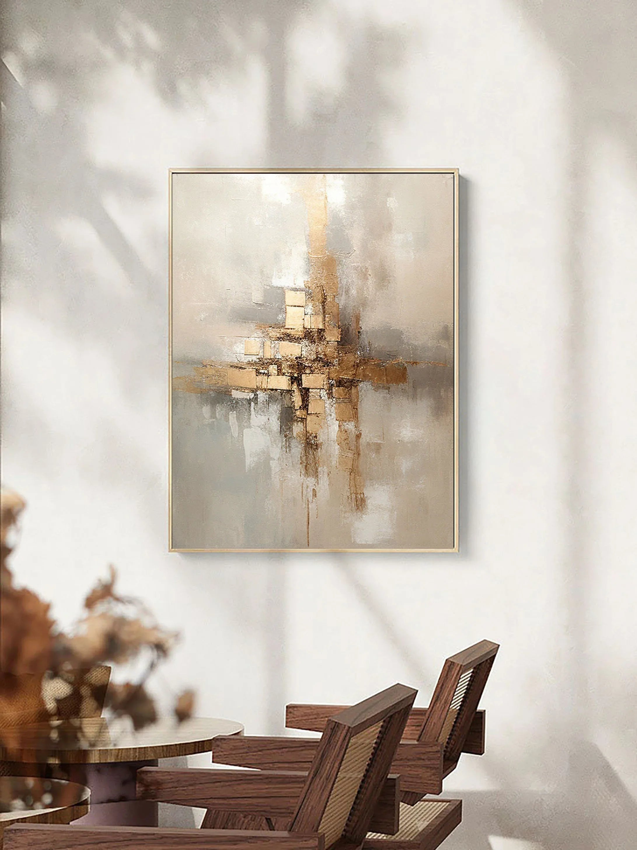 Golden Balance-Hand Drawn Golden Brown Geometric Reflection Abstract Wall Art - artextured