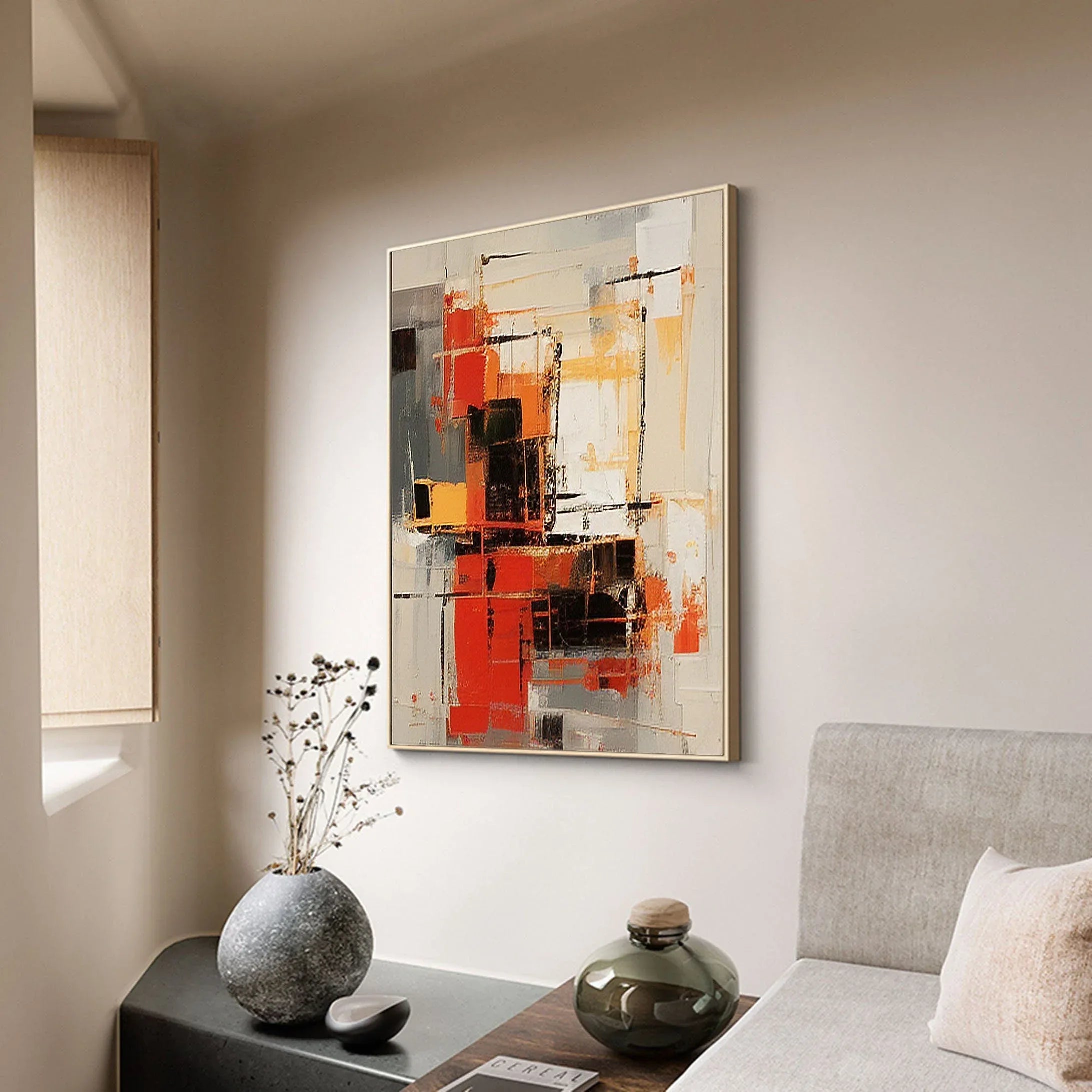 Abstract Blaze Grid-Hand Drawn Red Orange Geometric Abstract Texture Wall Art - artextured