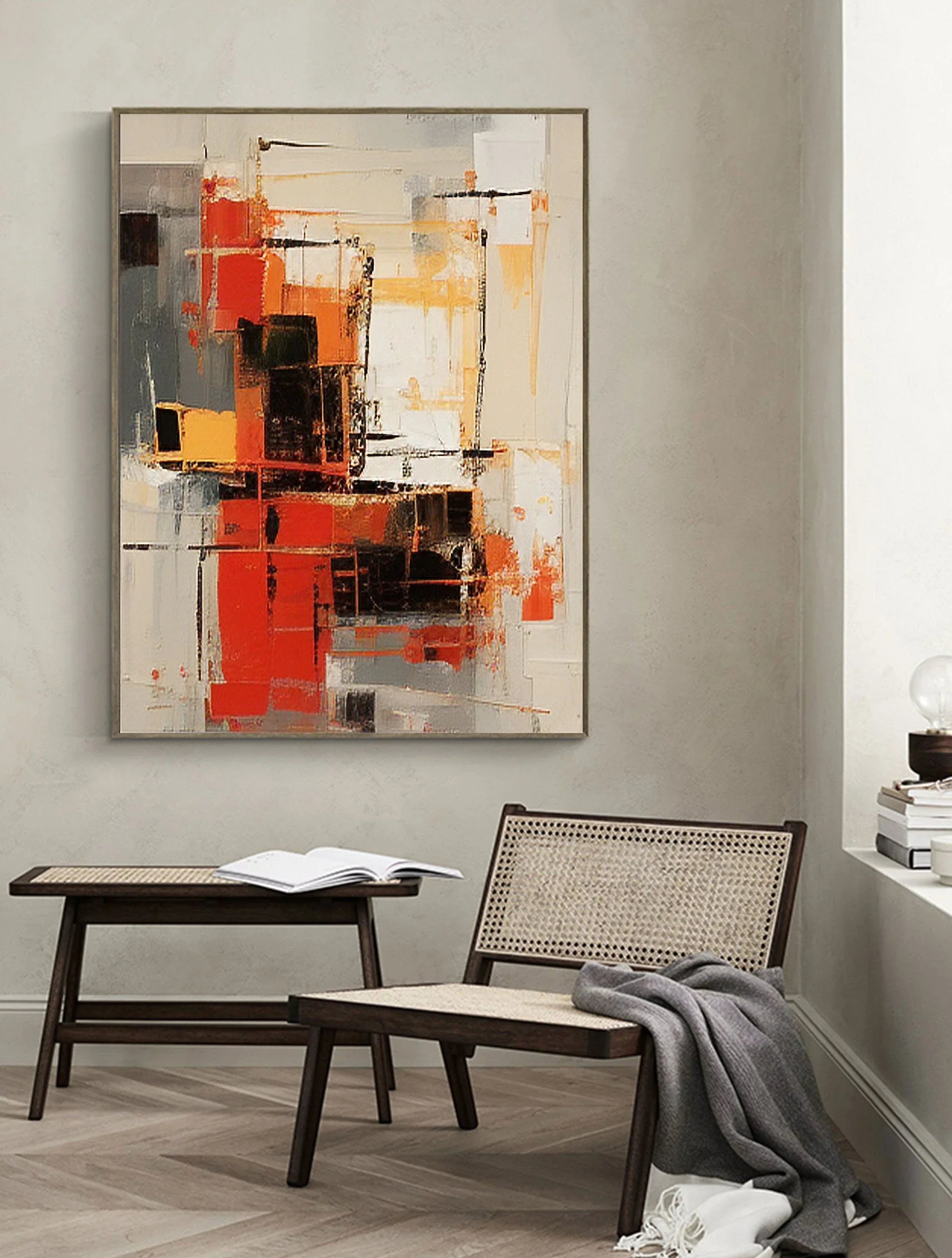 Abstract Blaze Grid-Hand Drawn Red Orange Geometric Abstract Texture Wall Art - artextured