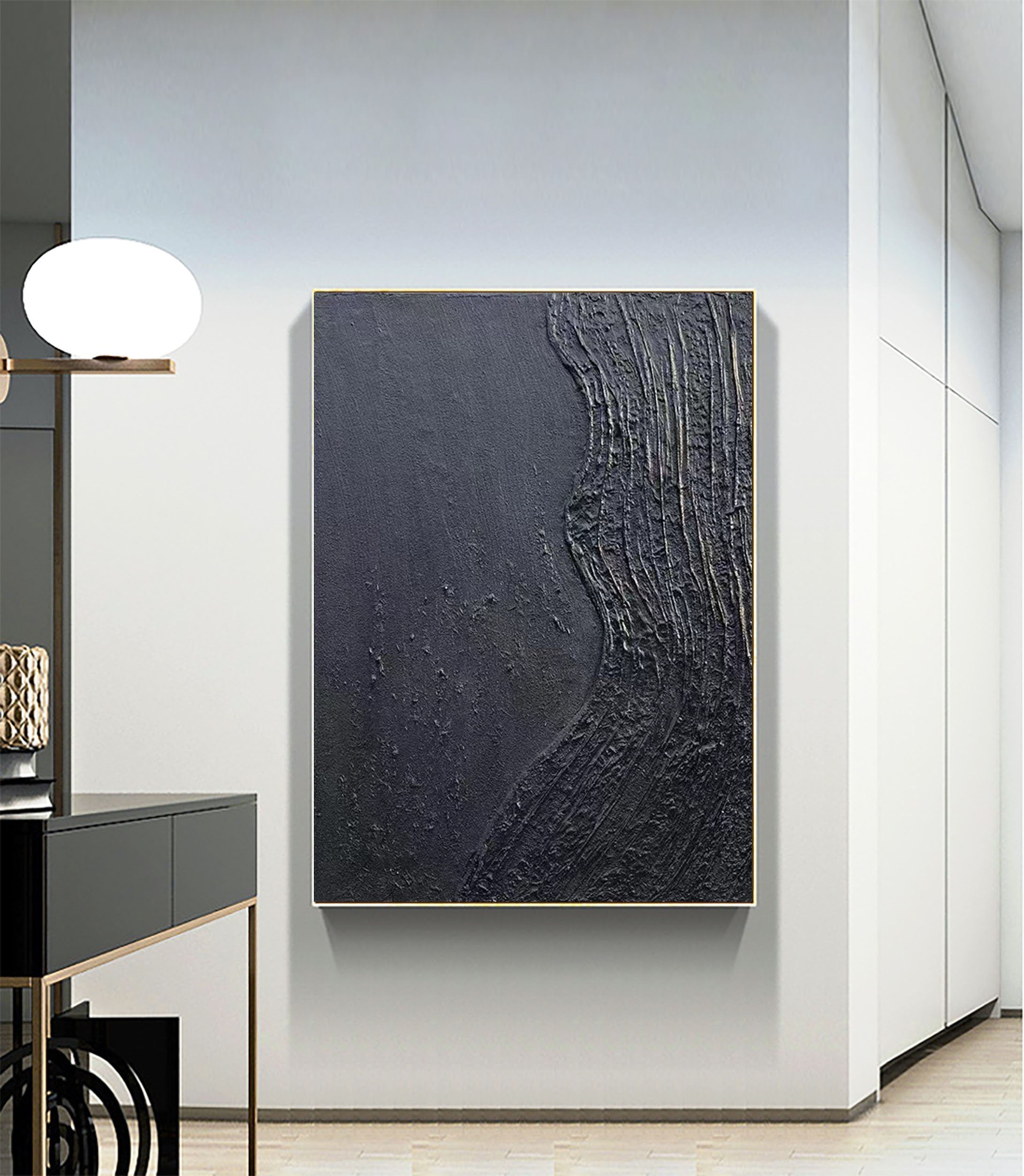 Charcoal Flow-Hand Drawn Pure Black Three-Dimensional Texture Minimalist Wall Art